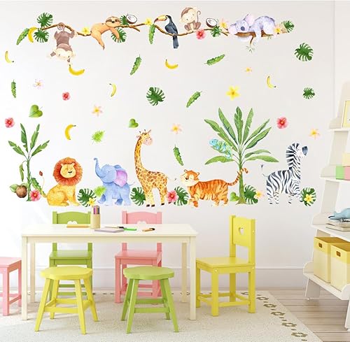 Miniatura 2 de YIMEHDAN Calcomanías de pared de acuarela de animales de selva, elefante, mono, león, tigre, cebra, jirafa, safari de jirafa, calcomanías de vinilo