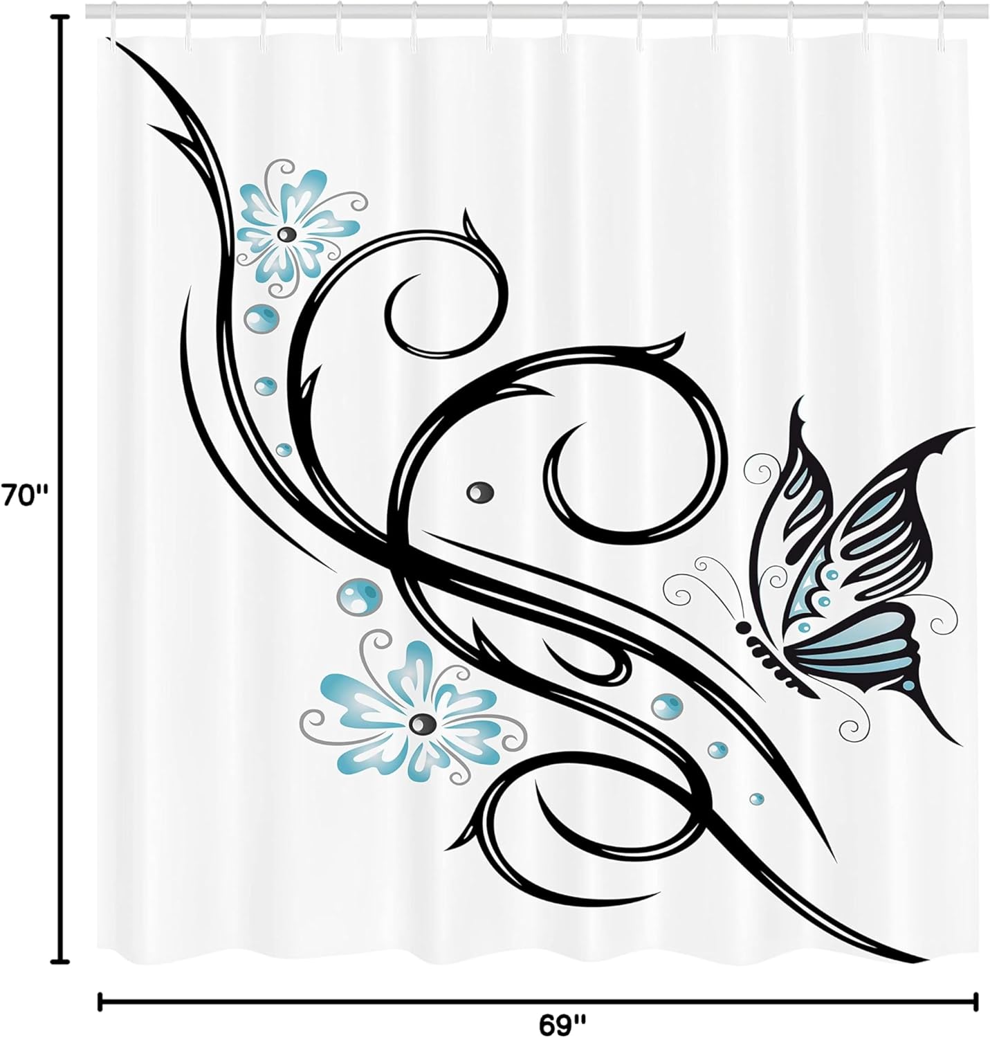 Ambesonne Tattoo Shower Curtain, Leaf Like Design Flowers and a Flying Butterfly Image Illustration Print, Cloth Fabric Bathroom Decor Set with Hooks, 69" W x 70" L, Blue Black and White