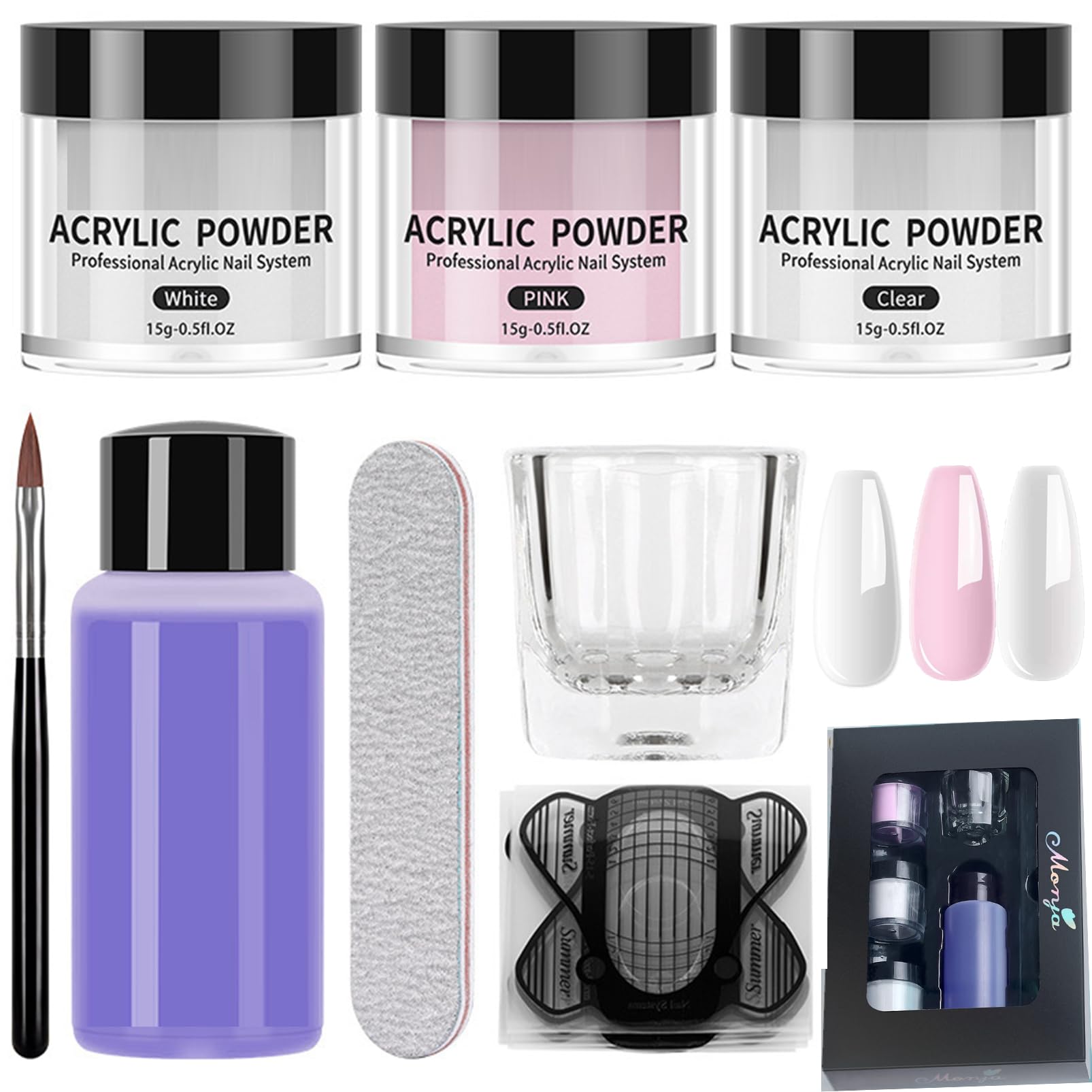 Acrylic Nail Kit Acrylic Powder Set 3 Colors Acrylic Powder 315g and Acrylic Liquid with Acrylic Nail Brush Set,Clear Pink White Acrylic Nails Extension Long-Lasting For Women Nail Art