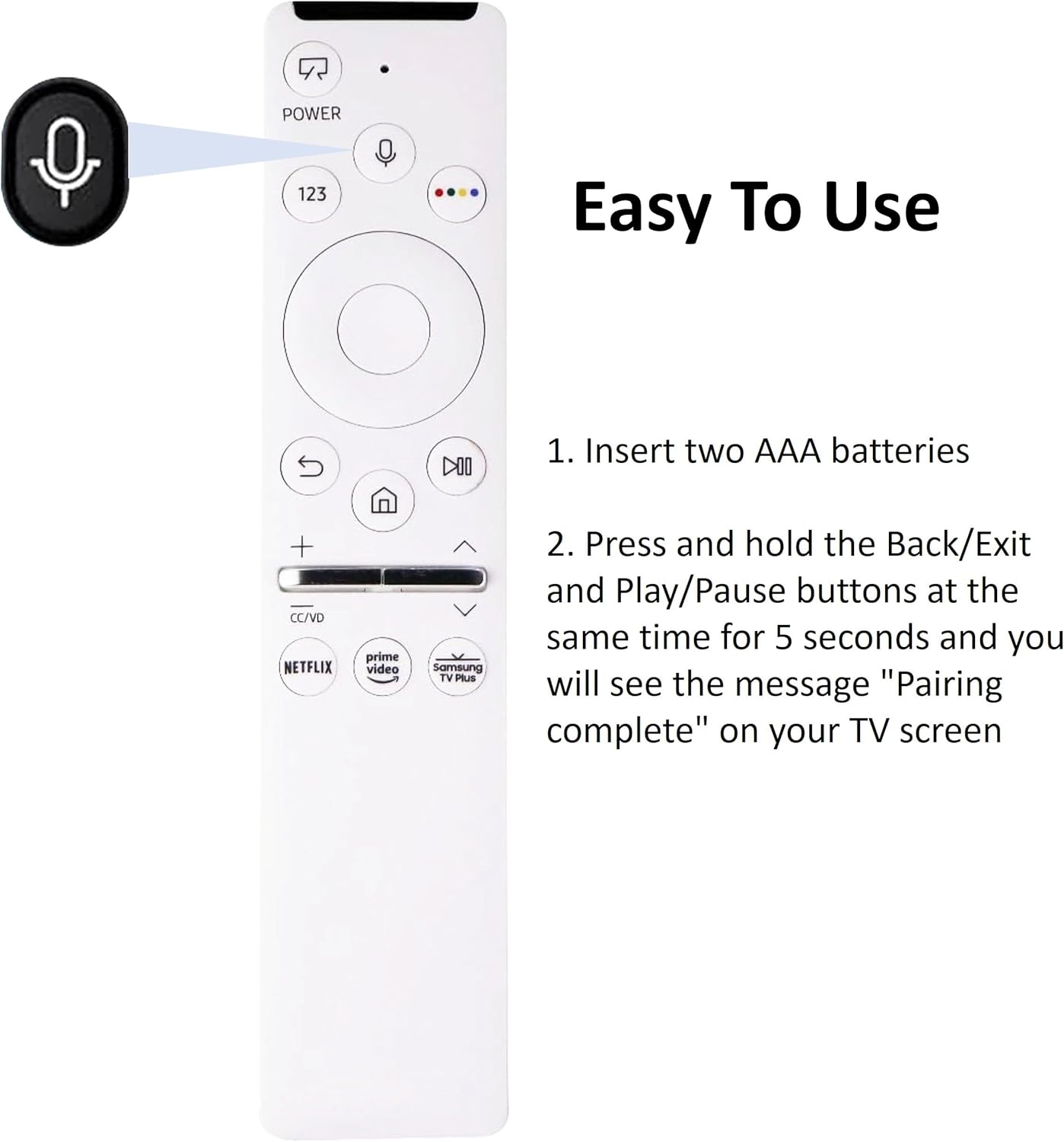 Diagram illustrating the pairing process for the Smartby BN59-01330H remote control, highlighting the Back/Exit and Play/Pause buttons.