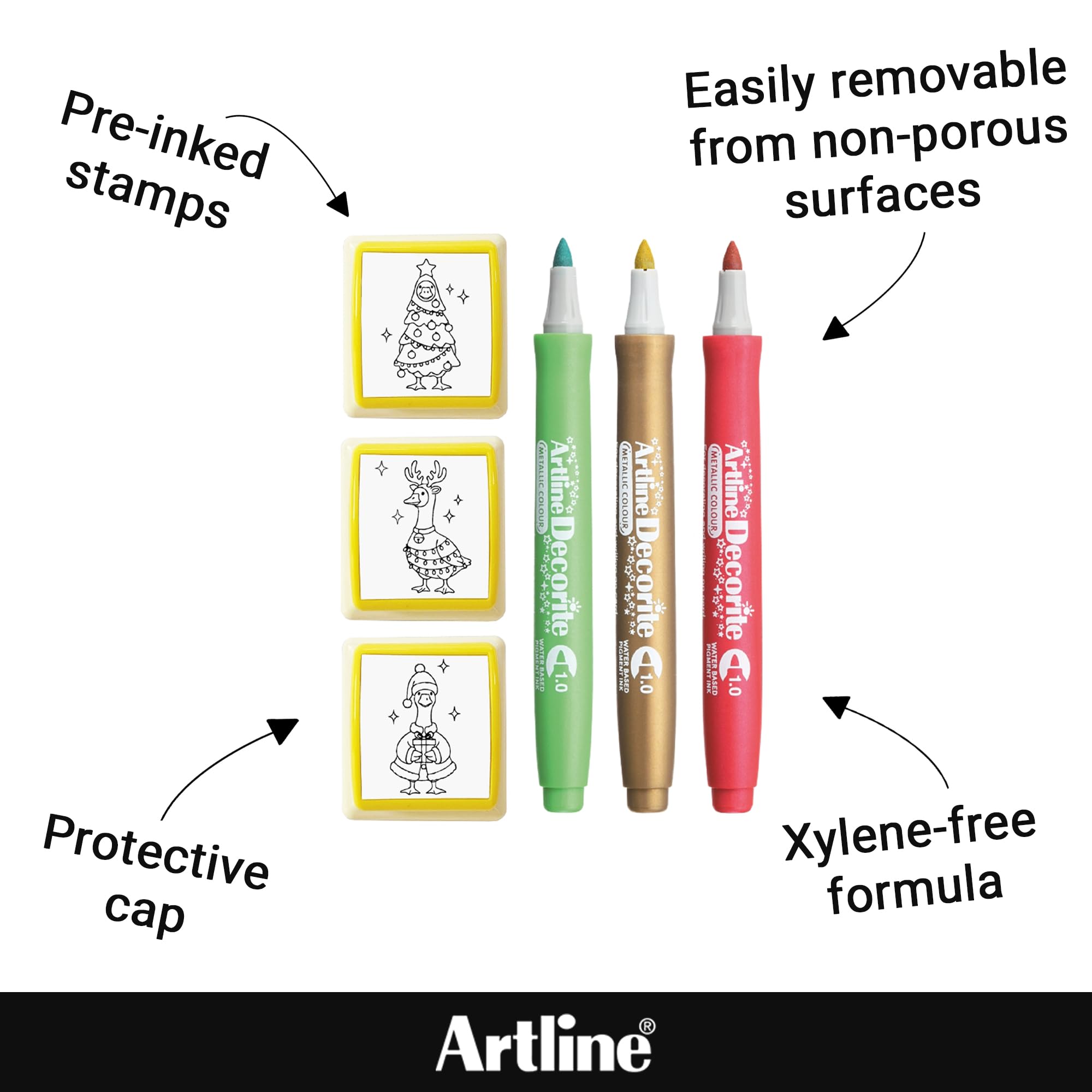 Artline Pre Inked Christmas Stamps and Decorite Pen Set (Goose on The Loose Set 2) 3X Red and Black Ink Stampers and 3X Colouring Pens for Christmas Crafts - Genuine Artline Art Supplies - Image 4