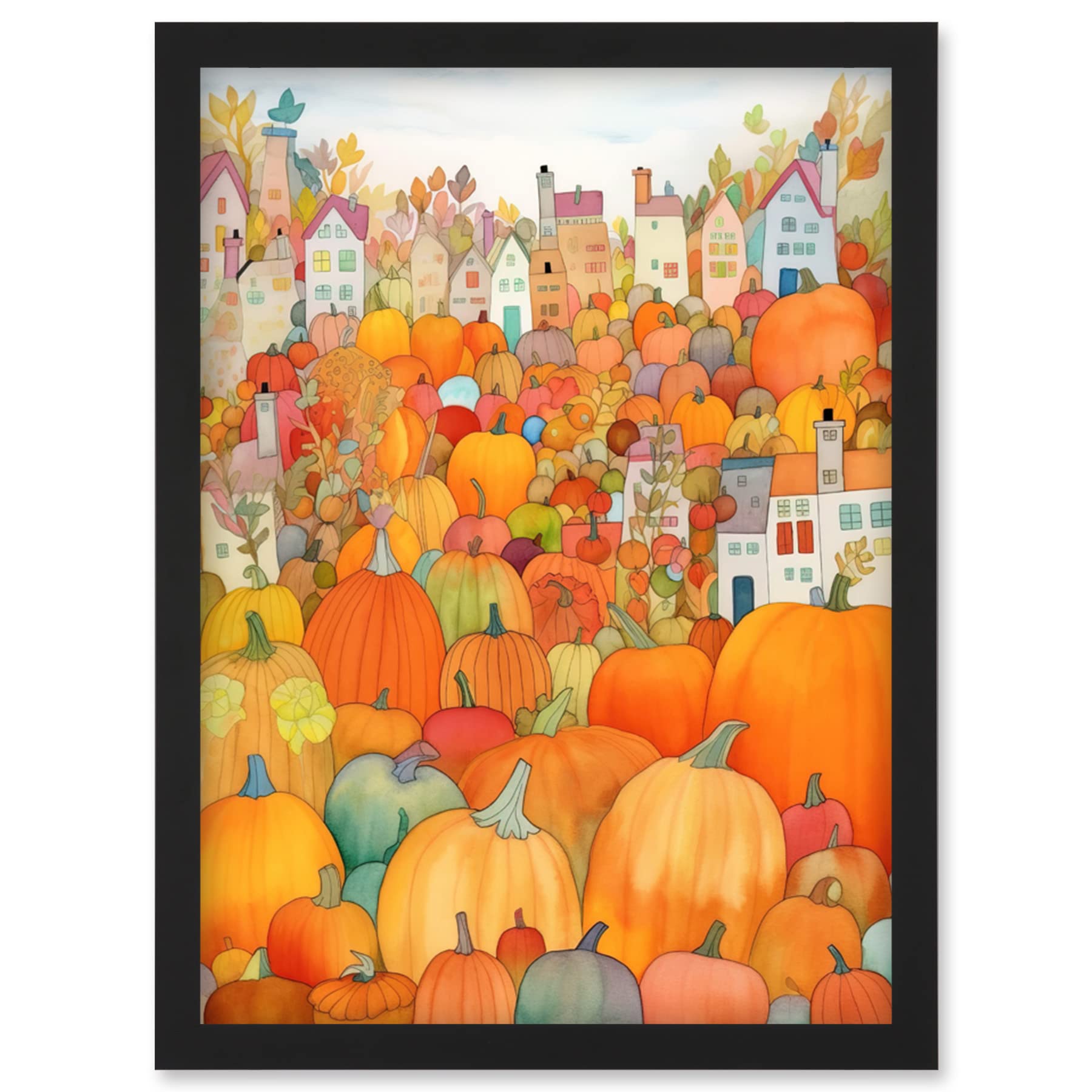 Artery8 Halloween Pumpkin Festival Autumn Harvest Modern Folk Art Watercolour Painting Artwork Framed Wall Art Print A4