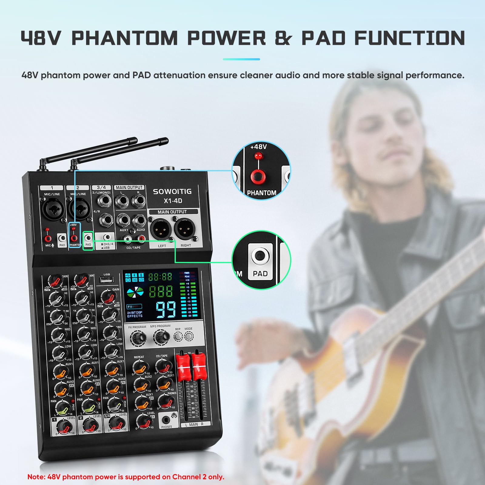 Mezclador de audio de 4 canales con micrófonos inalámbricos duales, tablero de mezcla de sonido profesional, consola de DJ con 99DSP MP3 Bluetooth 48V Phantom Power PAD interfaz USB para grabar