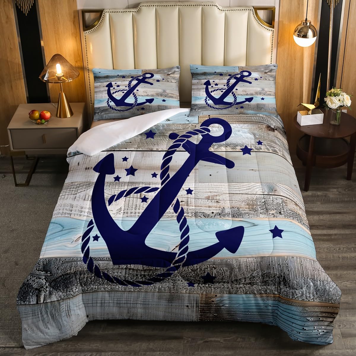 Coastal Nautical Bedding Sets Full Navy Blue Anchor Comforter Set for Kids Boys Teen Rustic Farmhouse Wooden Board Comforter Retro Ocean Sailing Boat Quilt Duvet with 2 Pillow Cases Retro Grey