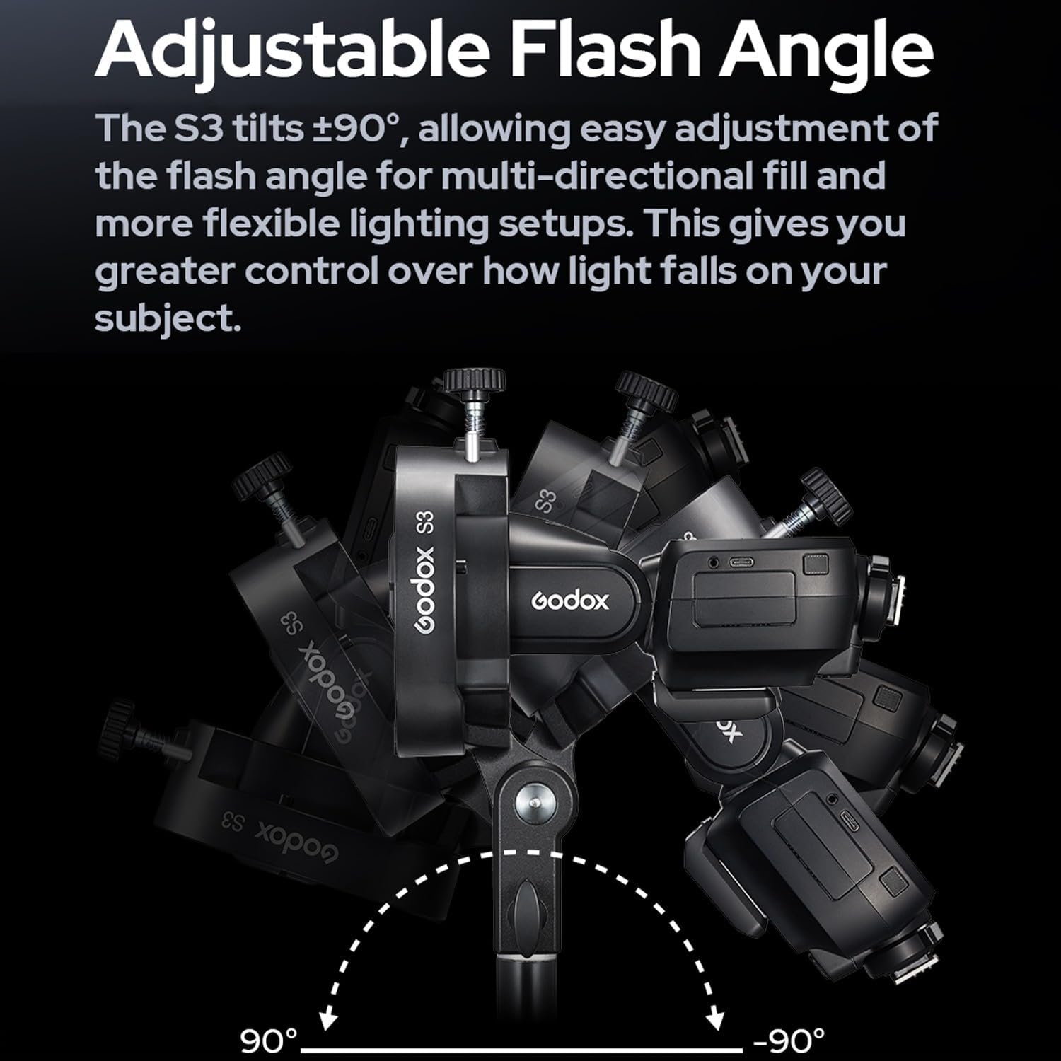 Godox S3 Speedlite Halterung Blitzhalter (𝐒𝟐 𝐔𝐩𝐠𝐫𝐚𝐝𝐞 𝐕𝐞𝐫𝐬𝐢𝐨𝐧), ±90° Neigung, mit Bowens Verschluss und Kaltschuh für Godox V1 V100 AD200Pro AD300Pro AD400Pro AD100Pro V860III TT600
