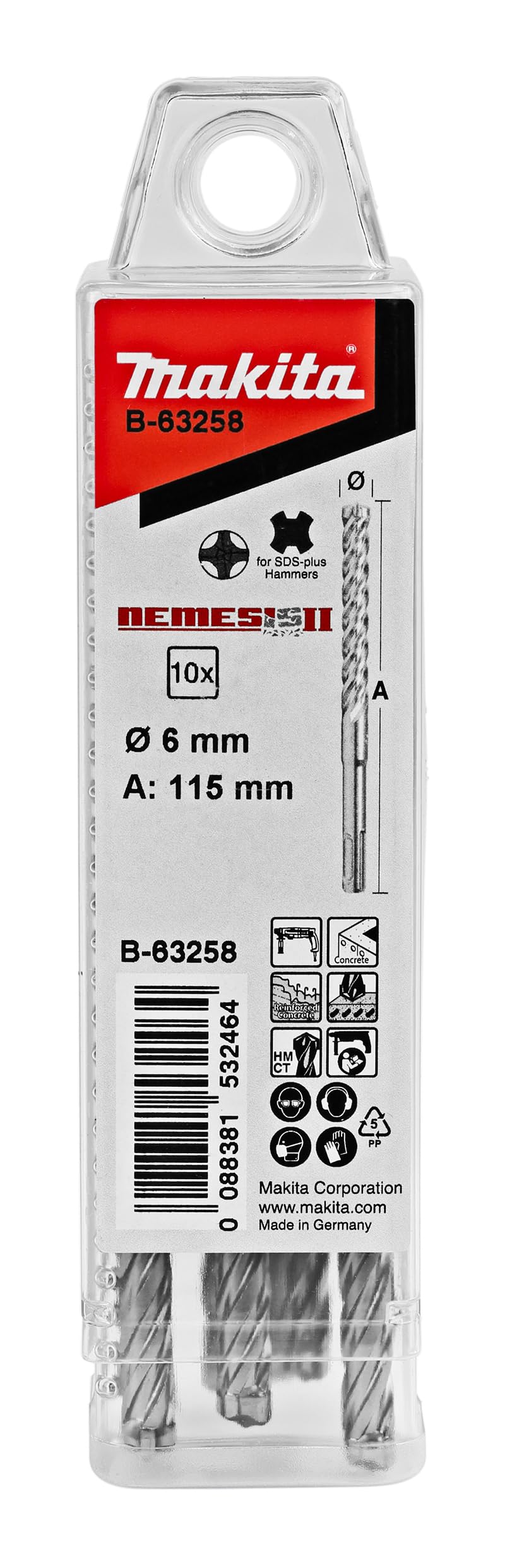 Makita B-63258 NEMESIS2 SDS-PLUS - Punta per trapano a percussione 6,0 x 115 mm, 10 pezzi, ideale per calcestruzzo, cemento armato, muratura