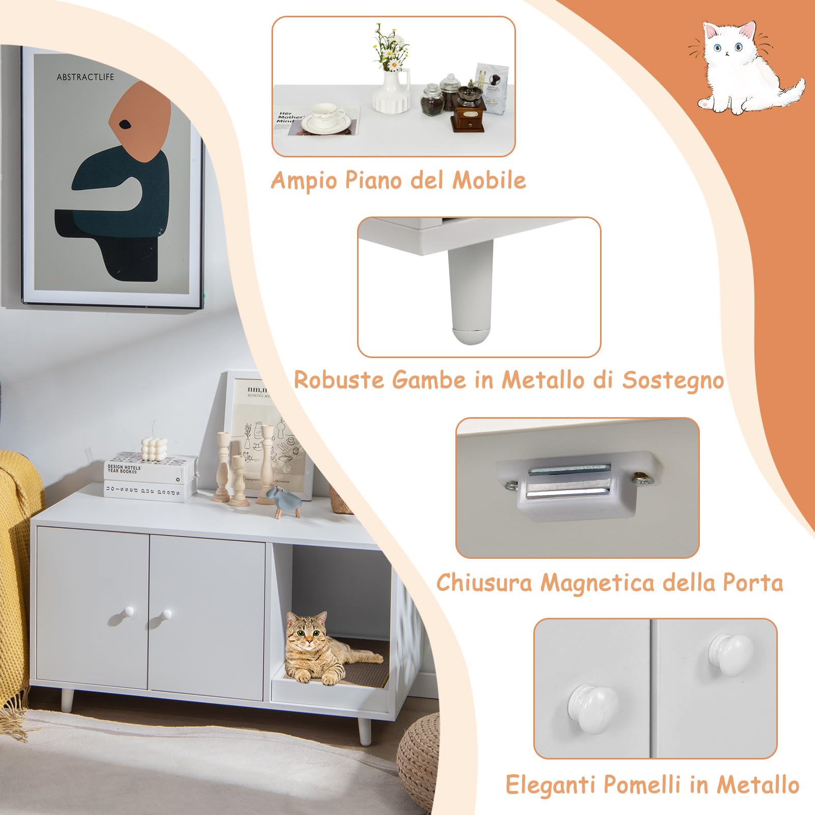 COSTWAY Mobile Lettiera per Gatti 90 x 50 x 50 cm, Bianco