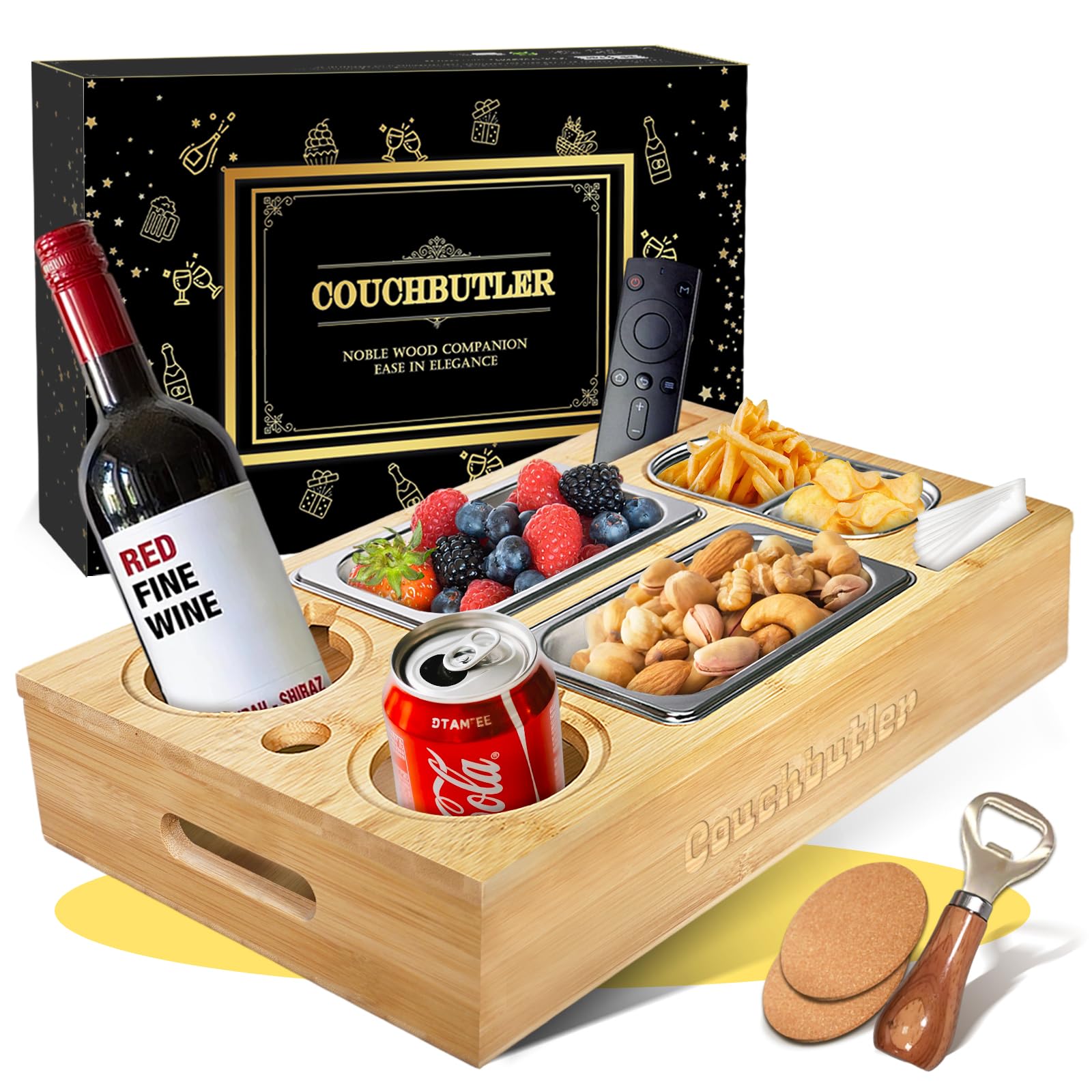 Couchbar Snackbox, Couch Tablett mit Geschenkbox, Couch Butler, Sofa Tablett mit 2 Snackschalen, Getränkehalter, Snackbar Organizer mit Flaschenöffner, Abnehmbarer Deckel für Wohnzimmer Garten Camping