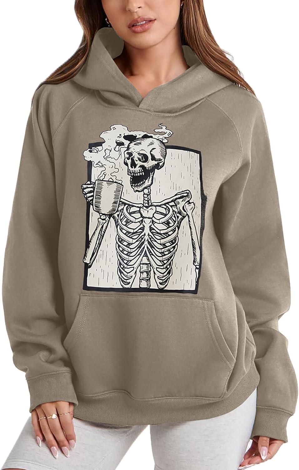 Women Skull Graphic Printed Fleece Oversized Hoodie Sweatshirt Long Sleeve Drop Shoulder Pullovers Top