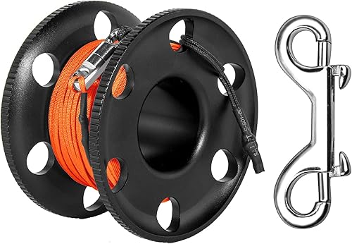 Carrete de buceo de 100 pies, carrete de buceo grande de aleación de aluminio con clip de perno de doble extremo para buceo subacuático, esnórquel,