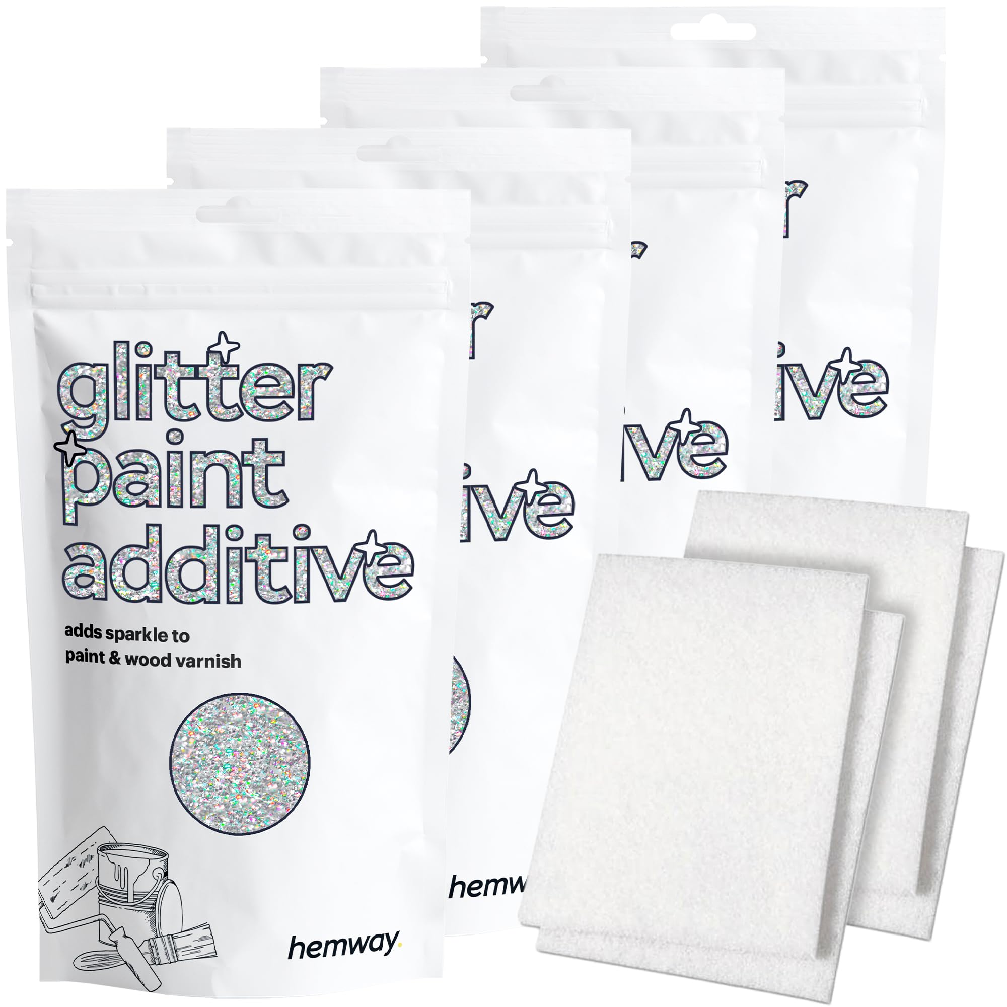 Hemway Silver Holographic Glitter Paint Additive 400g with 4X Buffing Pads for Adding Sparkle to Paints & Varnish | Paint Walls Sparkly Add to Emulsion, Acrylic or Lacquer Indoor
