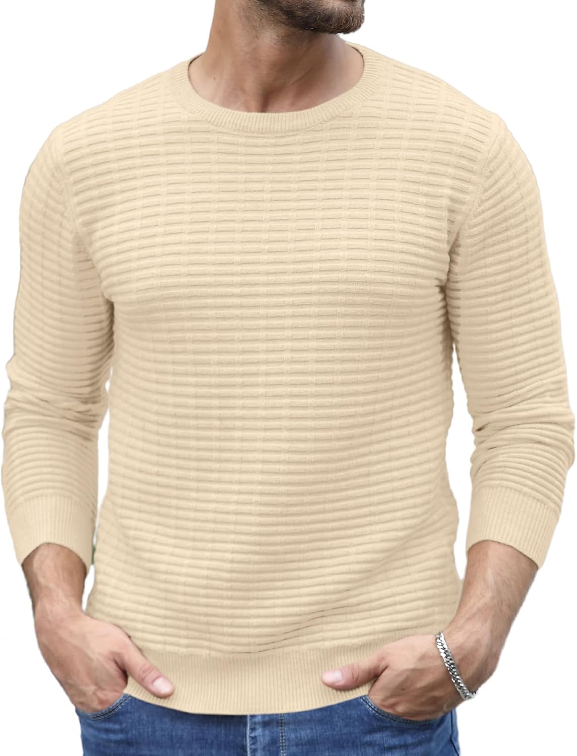 Askdeer Men's Pullover Sweater Cable Knit Crewneck Sweater Casual Long Sleeve Classic Knit Textured Sweater with Ribbing Edge