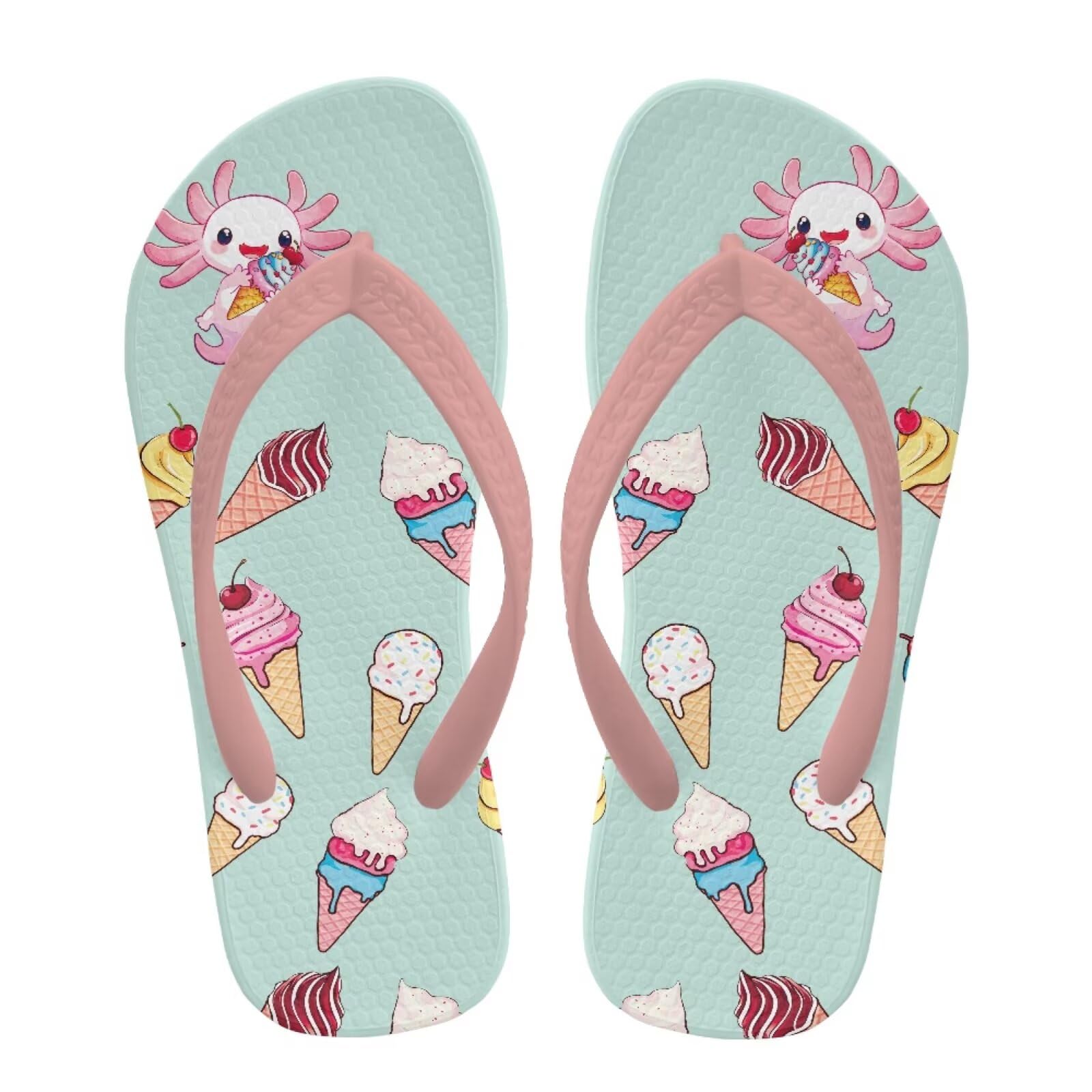 Watdotory Boy Girl Flips Flops for Kids Cute Axolotl Ice Cream Print Slip-on Thong Sandals Kids Slides Water Shoes for Beach Swim Pool Size 2