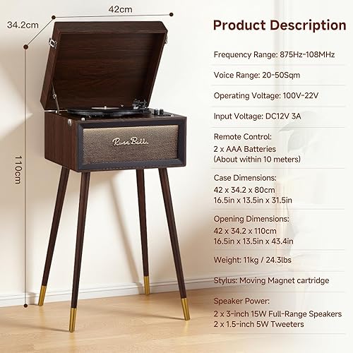 Miniatura 5 de Tocadiscos vintage con soporte, tocadiscos vintage Bluetooth con 3 velocidades y 3 tamaños, 4 altavoces integrados, control