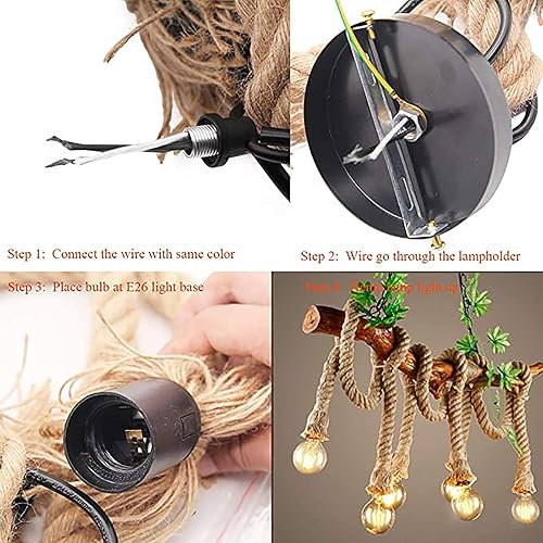 Miniatura 7 de MQ Lámpara colgante de cuerda de cáñamo vintage, lámpara colgante de dos cabezales, cable de linterna de 3.3 pies, enchufe E26 E27, accesorio de