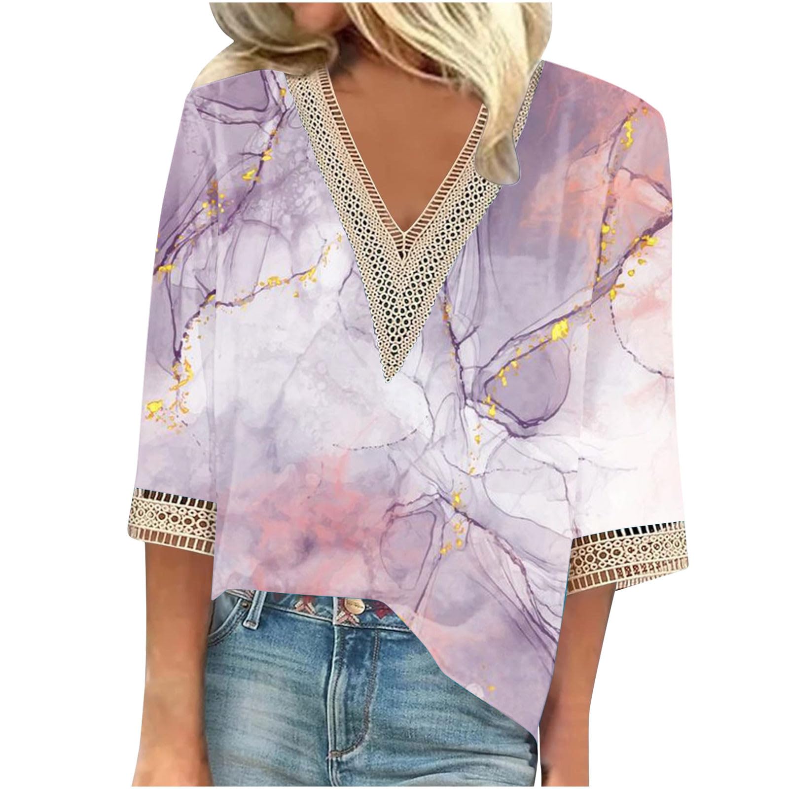Yolimok Camisetas Manga Larga Mujer Mujer Camisas Manga 3/4 Boho Blusa T-Shirt Tops Moda Mujer Primavera 2023 Blusas Mujer Tallas Grandes Jersey Primavera Mujer Tops Elegantes Mujer Fiesta