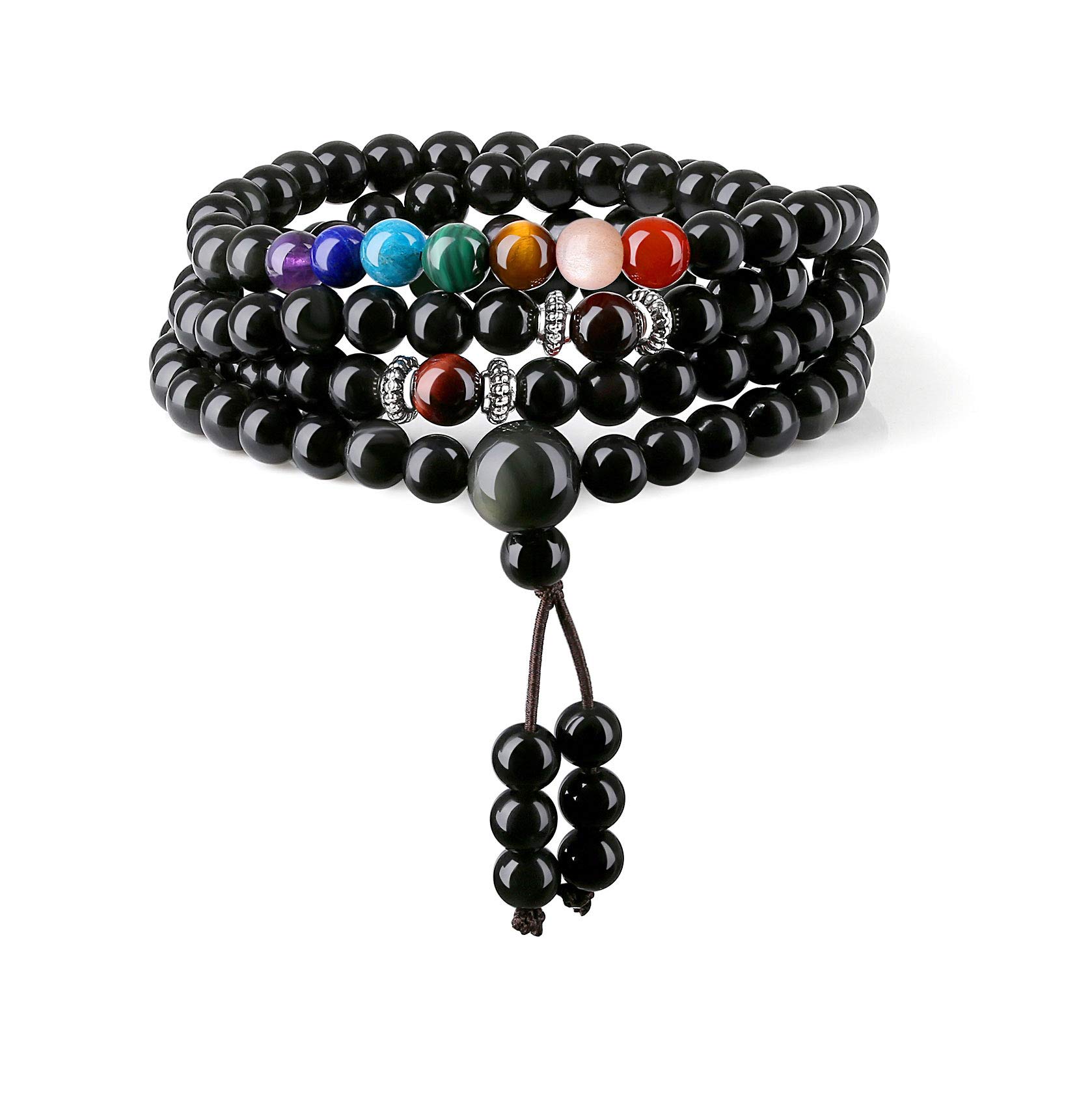 108 Japa Mala 7 Chakra Stone Wrap Bracelet Necklace, Onyx/Lava/Black Obsidian/Tiger Eye