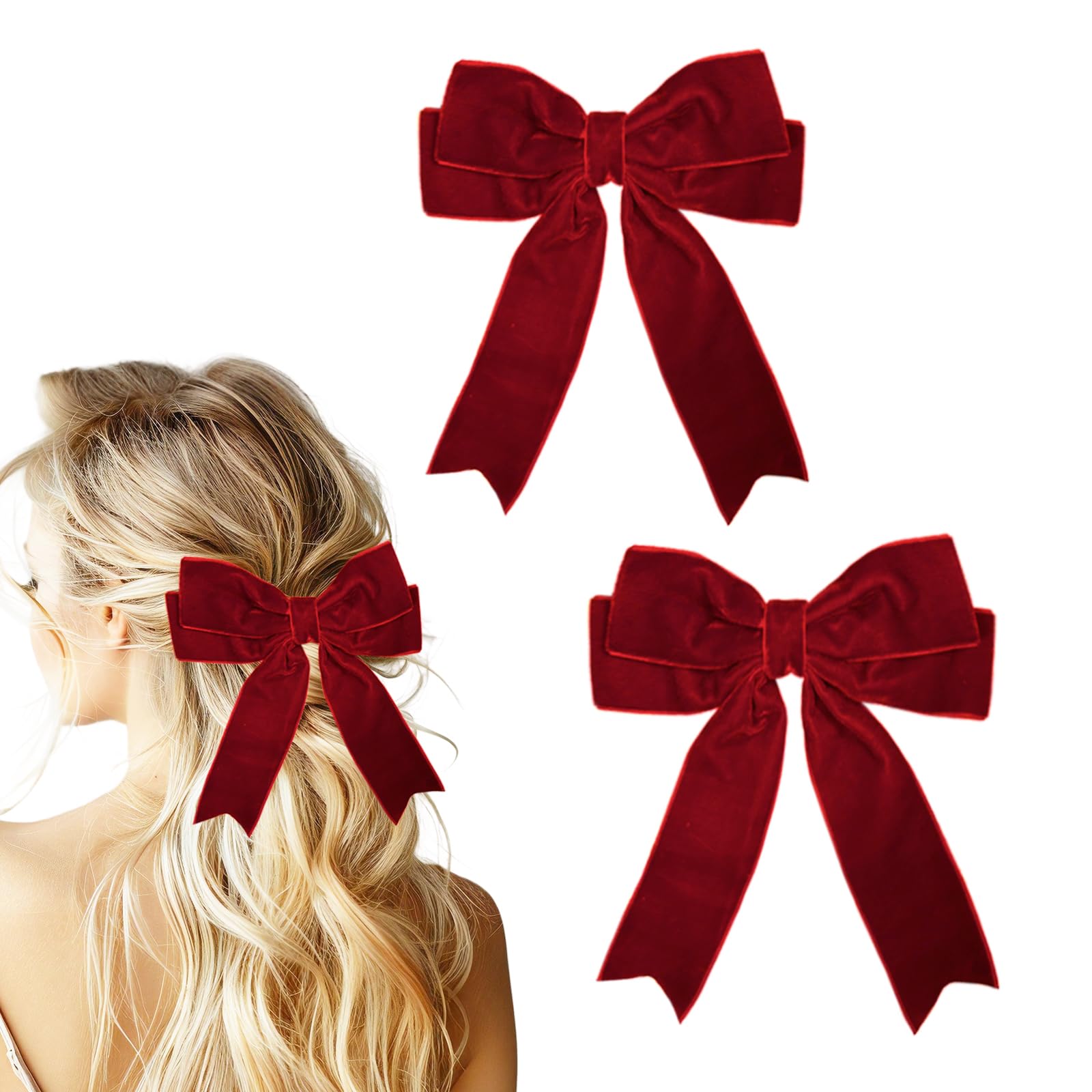 Bliceon 2Pcs Burgundy Hair Bows, Velvet Big Hair Clips for Women Girls, Toddlers and Teens, Bow Ponytail Holders, Metal Clips