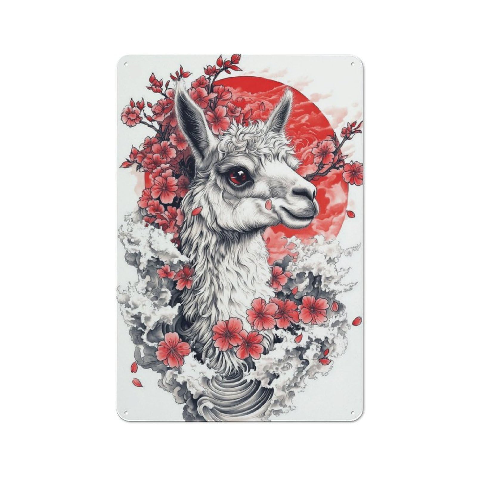 Junmoney Japanese Llama Tattoo Metal Wall Sign 30X20cm Featuring For Home Bar Wall, For Themed Interiors In Home Bars And Entertaining Spaces