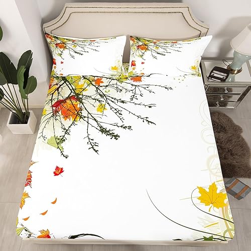 Miniatura 2 de Juego de sábanas de otoño de Acción de Gracias, tamaño Queen, juego de sábanas de jardín de hojas de arce otoñales para niños, niñas, adolescentes y