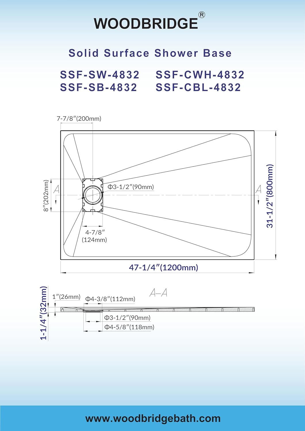 WOODBRIDGE 47.25 in L x 31.5 W Zero Threshold End Drain Shower Base with Reversible Drain Placement, Matching Decorative Plate and Tile Flange, Wheel Chair Access, Low Profile, Black