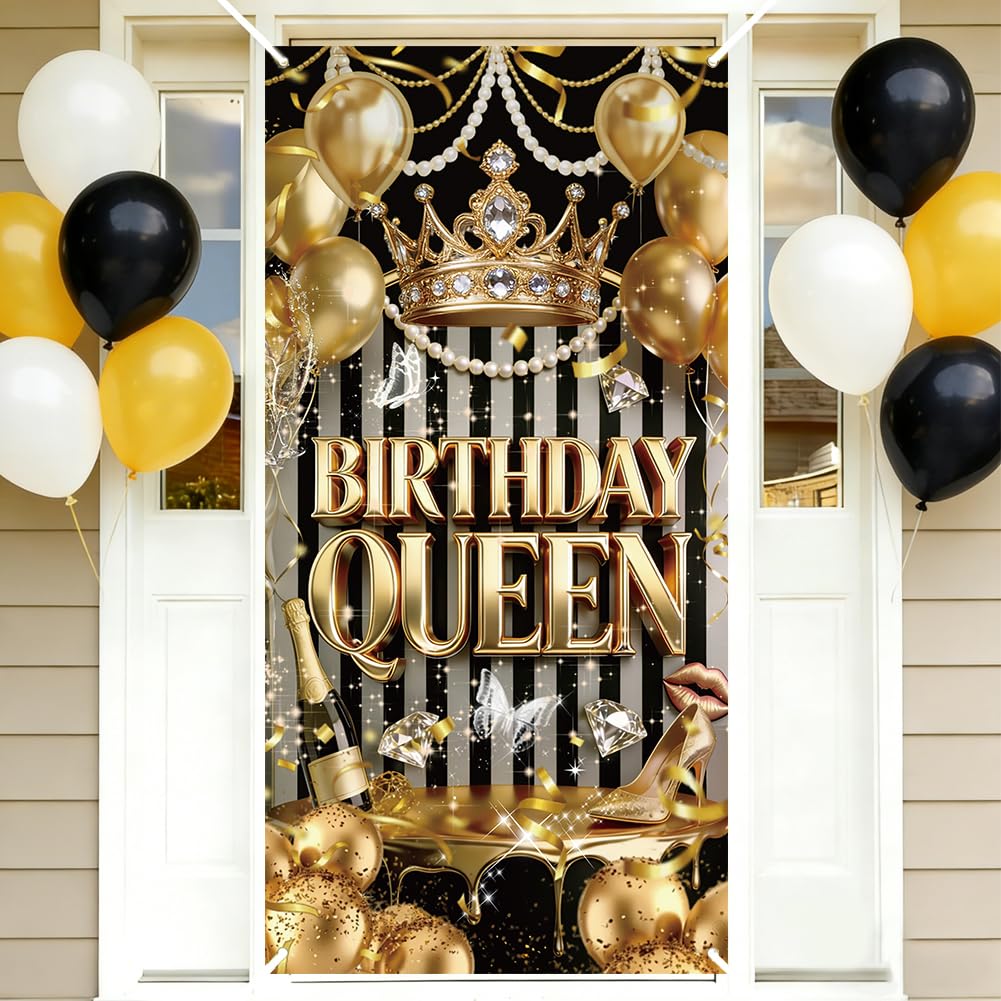 PRESSINART Black and Gold Birthday Door Banner 180 x 90cm Happy Birthday Door Cover Queen Crown Design Polyester Rectangle Backdrop Banners for Women Wall Indoor Outdoor Home Party Decorations