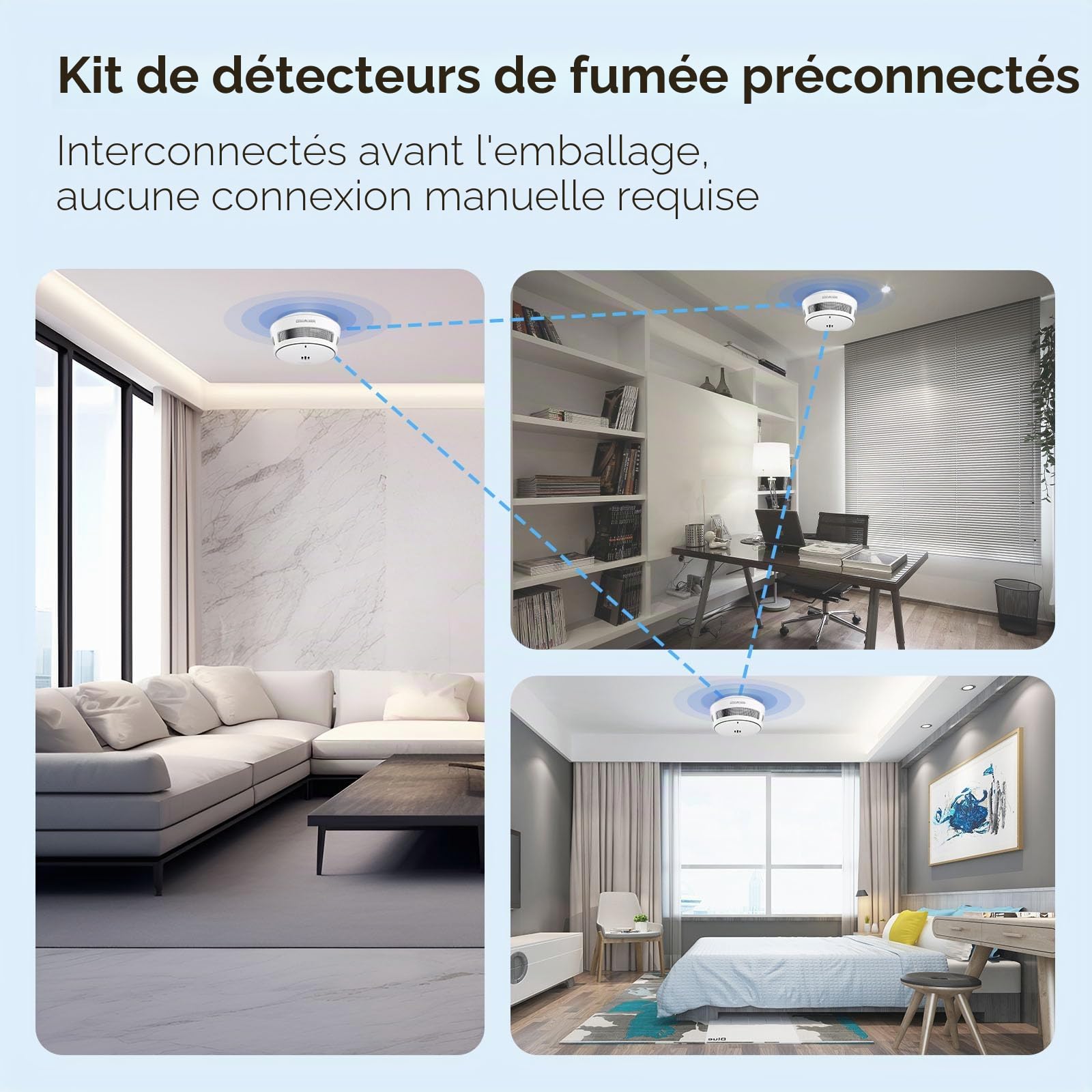 Détecteur de fumée interconnectés, Batterie de 10 Ans, détecteurs d'incendie pour la Maison interconnectés, détecteur de fumée télécommandé, Conforme à la Norme EN14604 (3pack interconnecté)