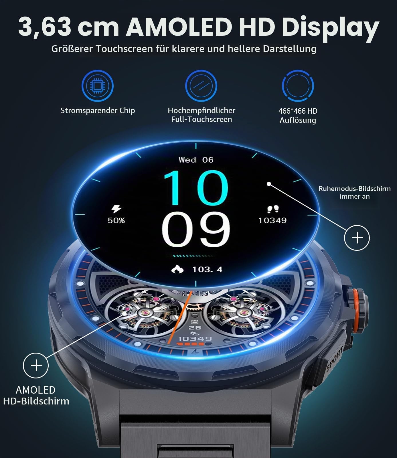 Militär Smartwatch Herren, 1,43-Zoll-AMOLED-Smartwatch mit Bluetooth-Anruf, 3 Armbänders, IP68 Wasserdicht/Herzfrequenz/Schlafmonitor, 120+ Sportmodi Outdoor Sportuhrfür Android iOS, Schwarz