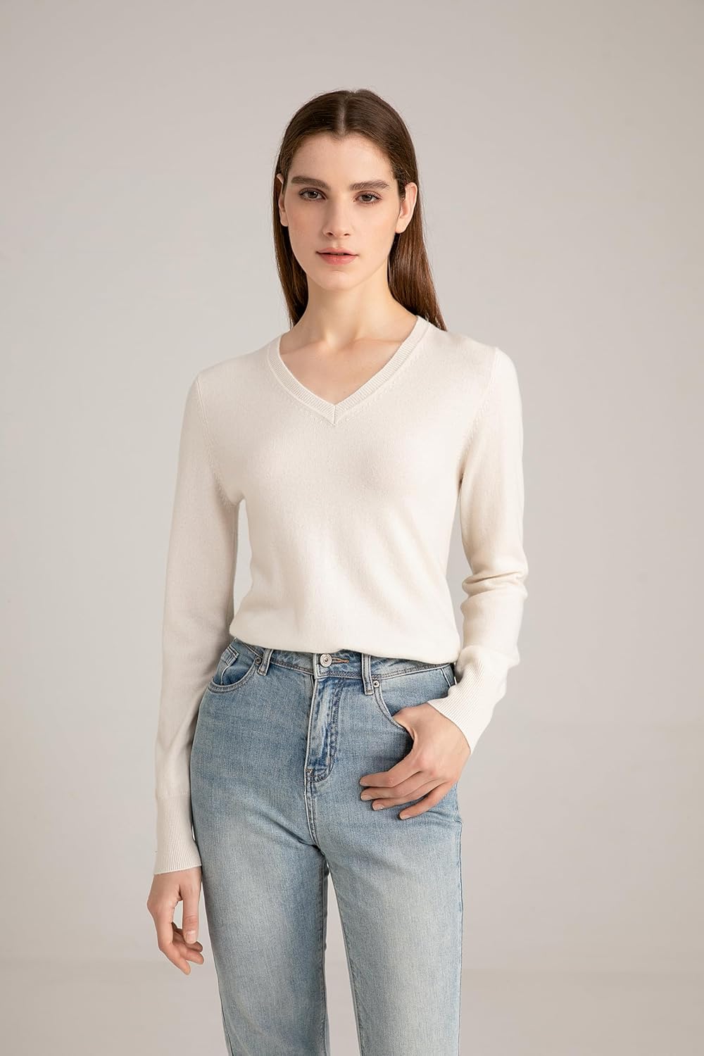 State Cashmere Women’s Essential V-Neck Sweater 100% Pure Cashmere Classic Long Sleeve Pullover - Image 5