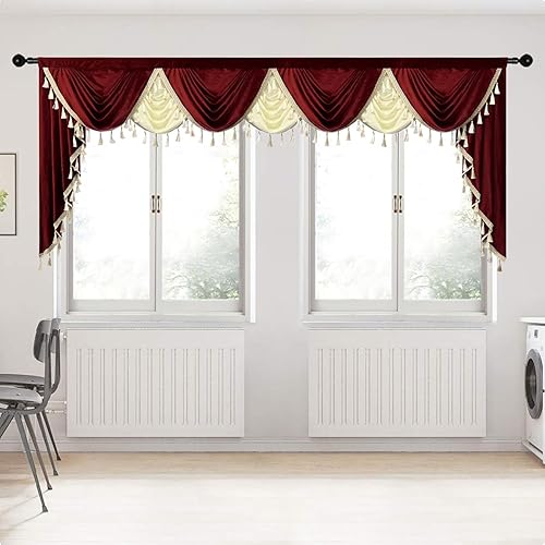Gxi Cenefa de cortina beige burdeos para ventanas de cocina, cenefas de terciopelo en cascada, cortinas de ventana para sala de estar, bolsillo para