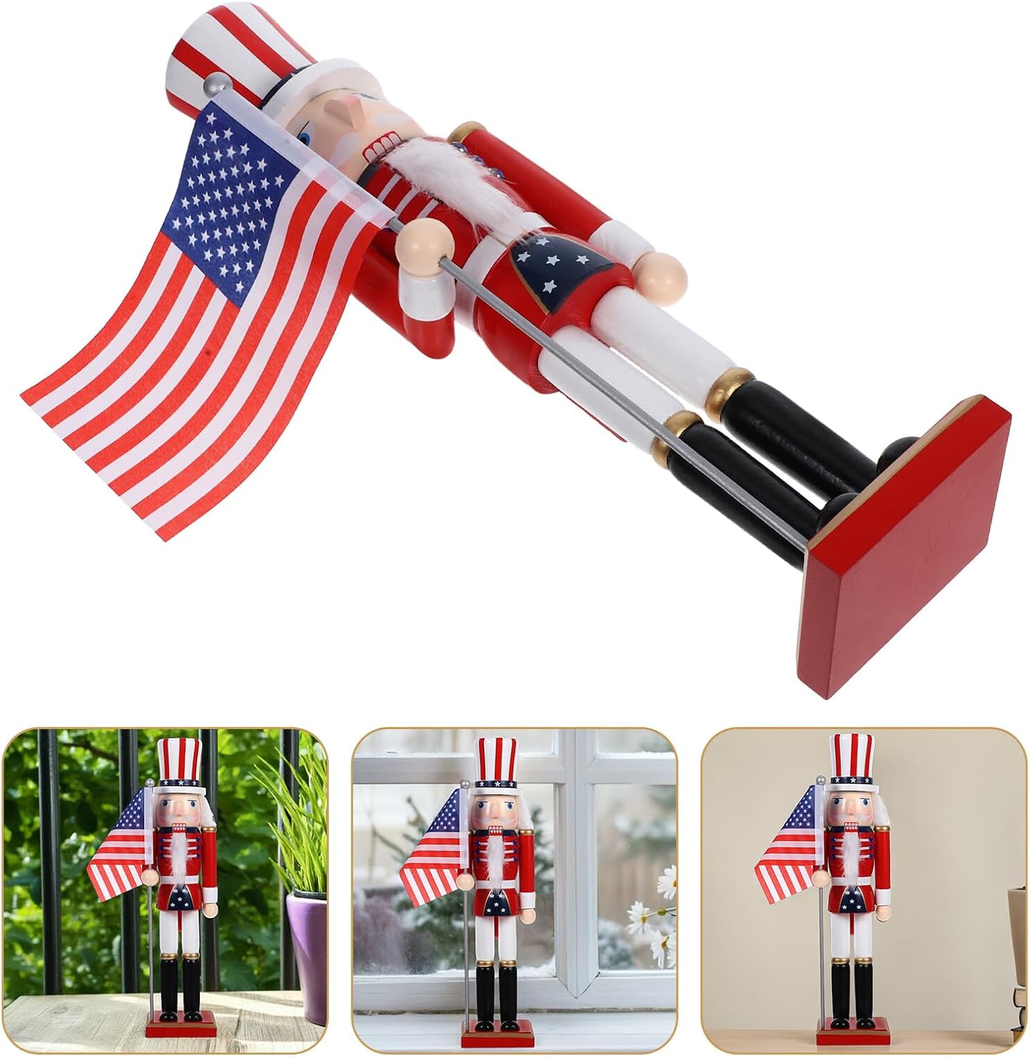 American Independence Day Nutcracker Soldier Figurine 38cm Wooden Christmas Nutcracker Table Decoration with USA Flag for Holiday Shelf and Table Display