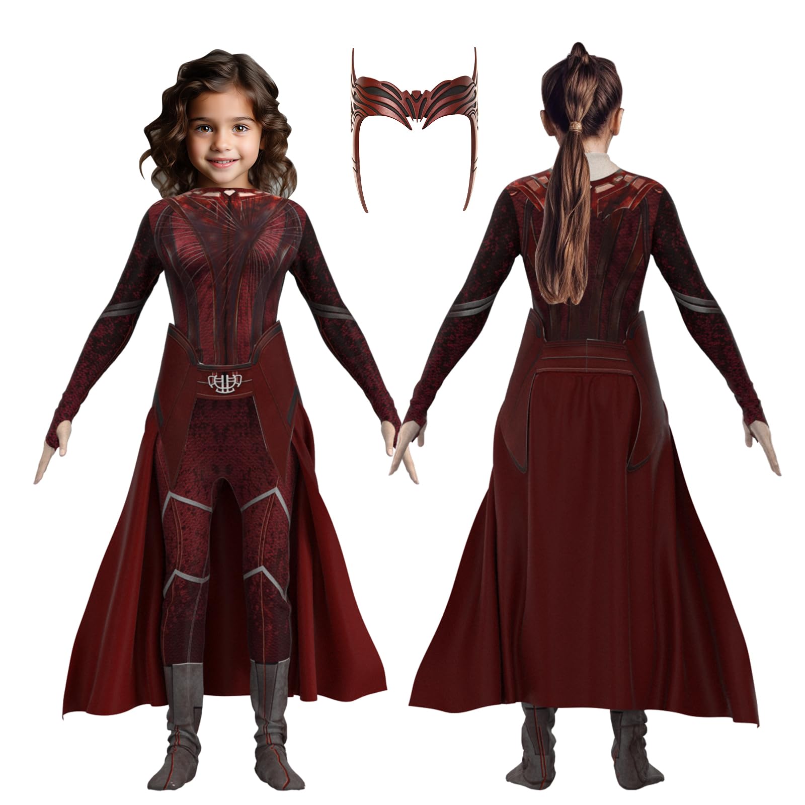 Maturead Kids Witch Costume Girl Cosplay Red Jumpsuit With Headpiece Dress Up Halloween Outfits for Girls
