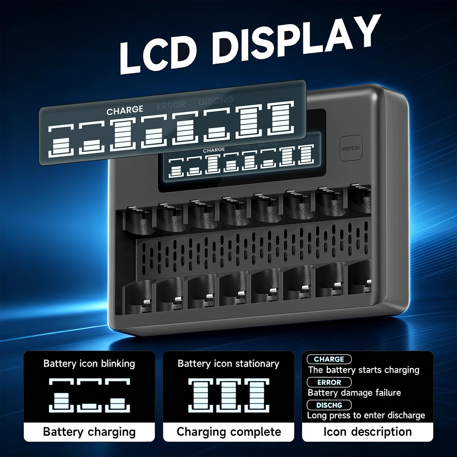 CITYORK Paquete de 12 baterías recargables AA de 3000 mAh 1.2 V Ni-MH con caja de batería con 8 bahías AA AAA LCD Smart 1.2 V NiMH/NiCd, carga rápida