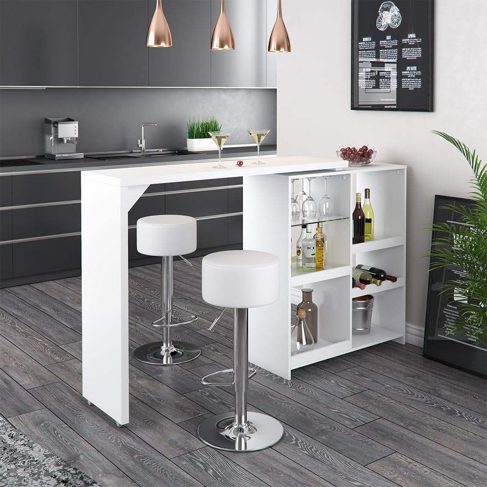 Vicco Set de Mesa de Bar Vega, Blanco, 138 x 39 cm con 2 taburetes de Bar, Plegable con estantes Abiertos para Almacenamiento