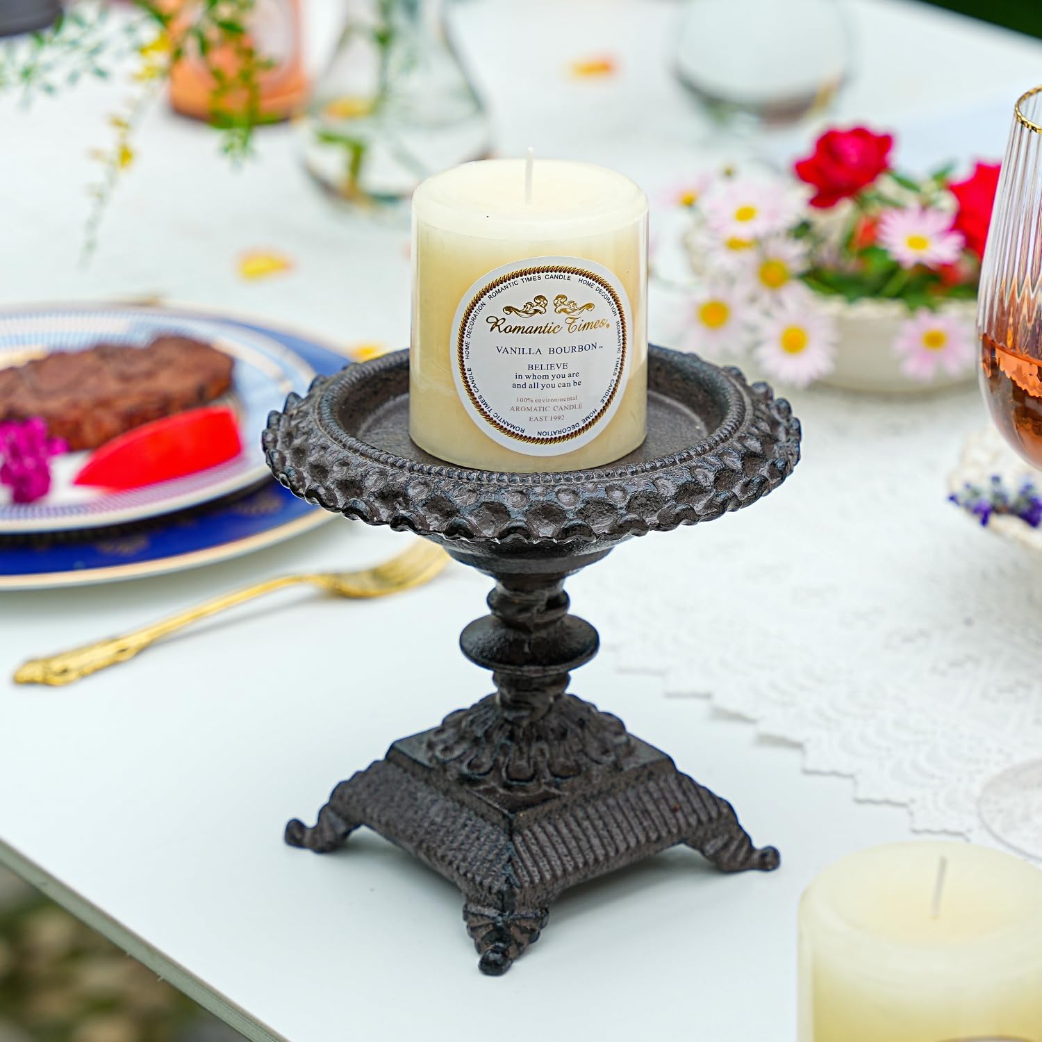 Sungmor Cast Iron Candle Holder - Rustic Style Decorative Pillar Candle Holders, Center Pieces Decoration for Table, Modern Farmhouse French Country Decor, 6.5" Candle Stand Fits Multi-Size Candles - Image 3