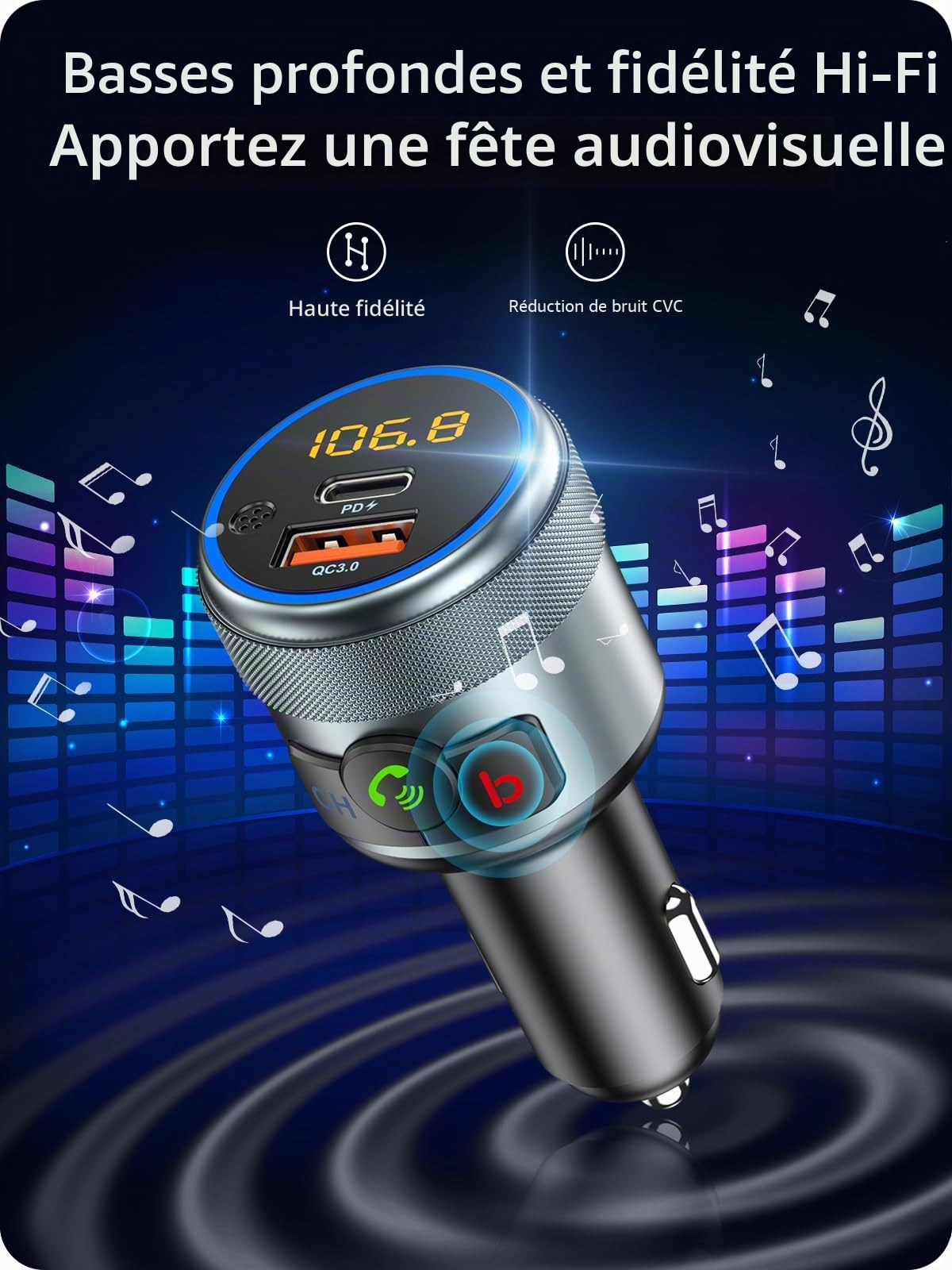 LENCENT Transmetteur FM Bluetooth 5,1, Allume Cigare Bluetooth Voiture, Son Hi-FI à Basses Profondes, Chargeur Rapide de Voiture avec PD 20W et QC3,0 18W, Compatible avec Les appels Mains Libres.