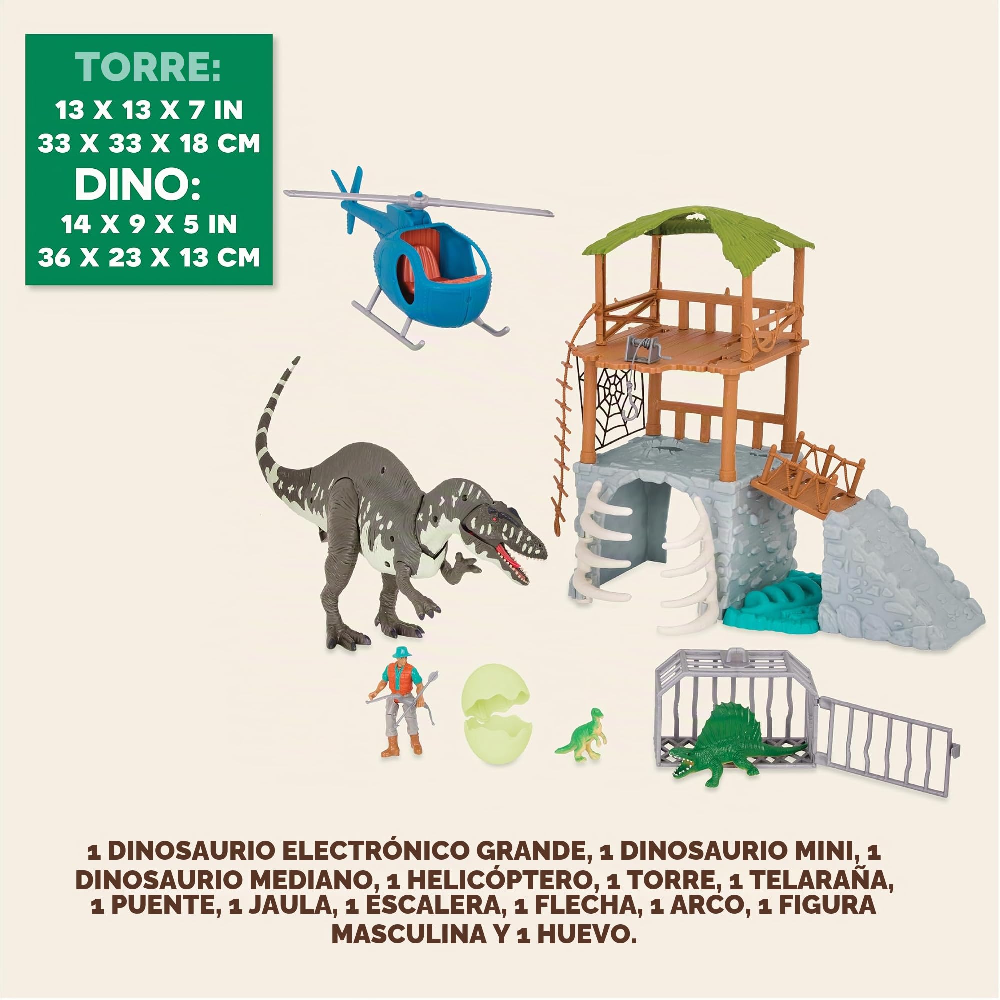 Terra by Battat - Acrocanthosaur Jungle Expedition, Juego electrónico | Set de 13 piezas con dinosaurio electrónico, helicóptero, torre, jaula, figura, huevo y accesorios de jungla, 3 años y +