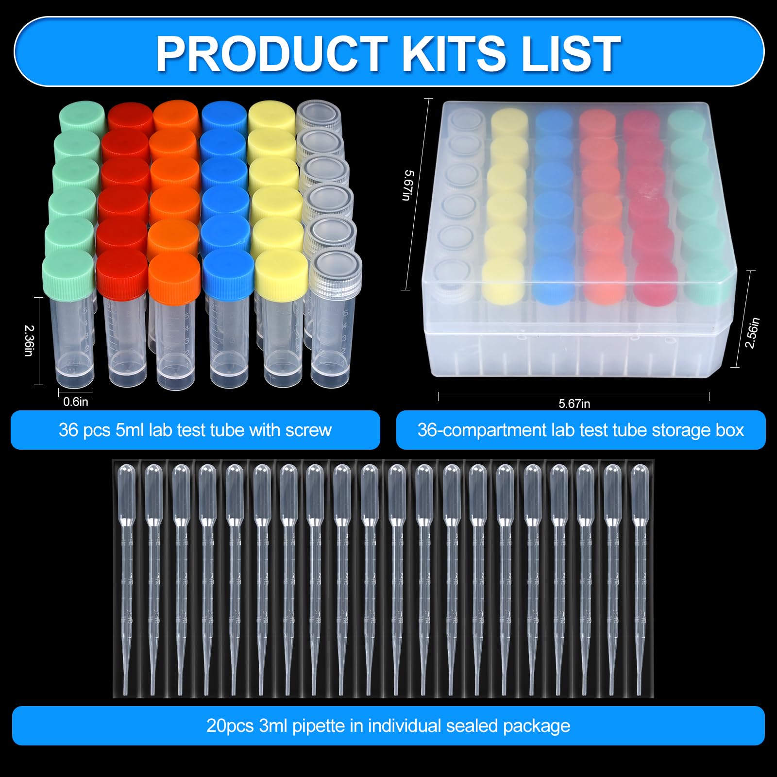 36 viales de 5 ml con tapas, tubos de ensayo criogénicos de plástico con tapas, crioviales de laboratorio con 20 pipetas cuentagotas de 3 ml