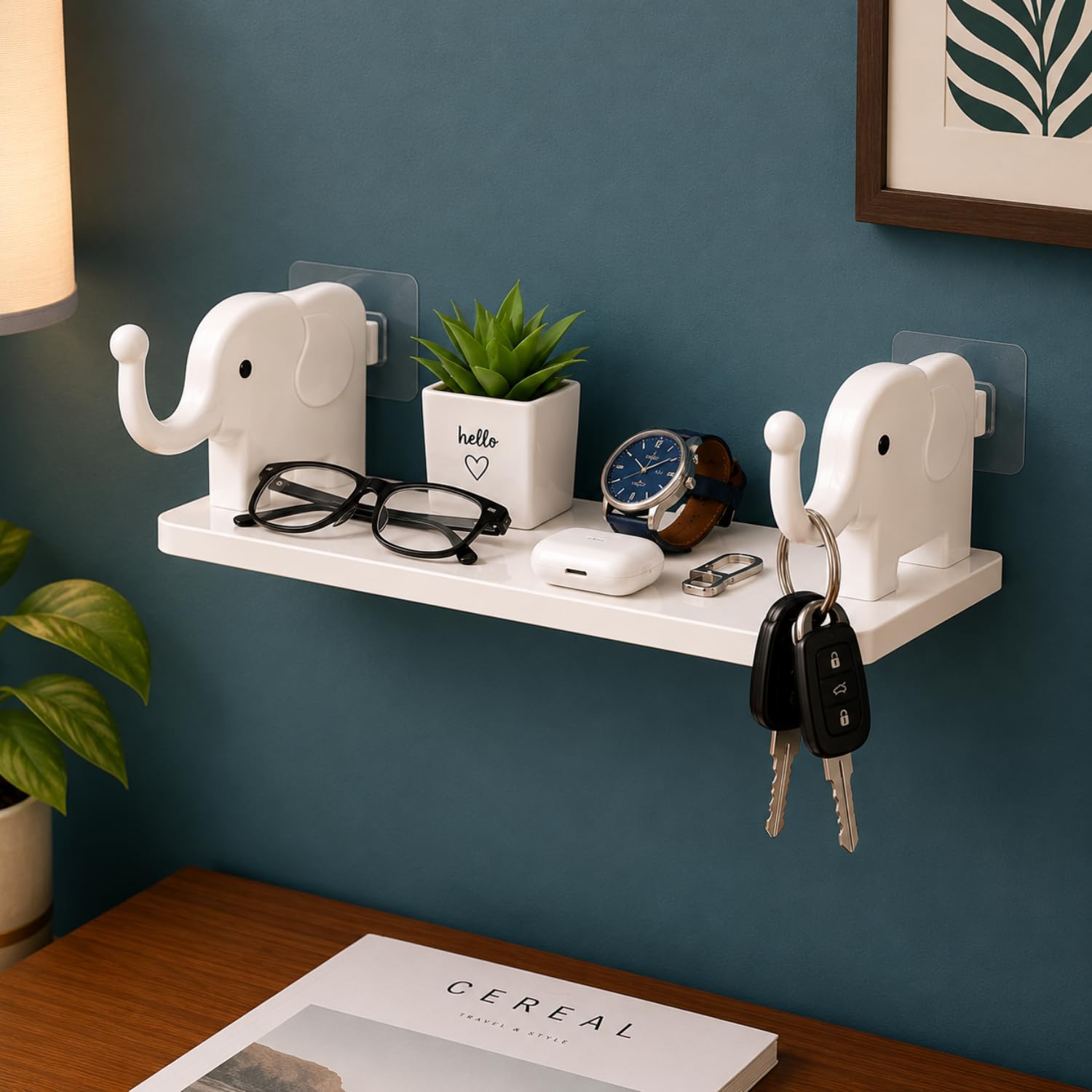 MagicPearl Elephant Wall Shelf Organizer with Key Hooks, Self Adhesive No Drill Wall Mount Storage Shelf for Keys, Glasses, Wallet, Earbuds, Watch & Entryway Home Decor-image-48