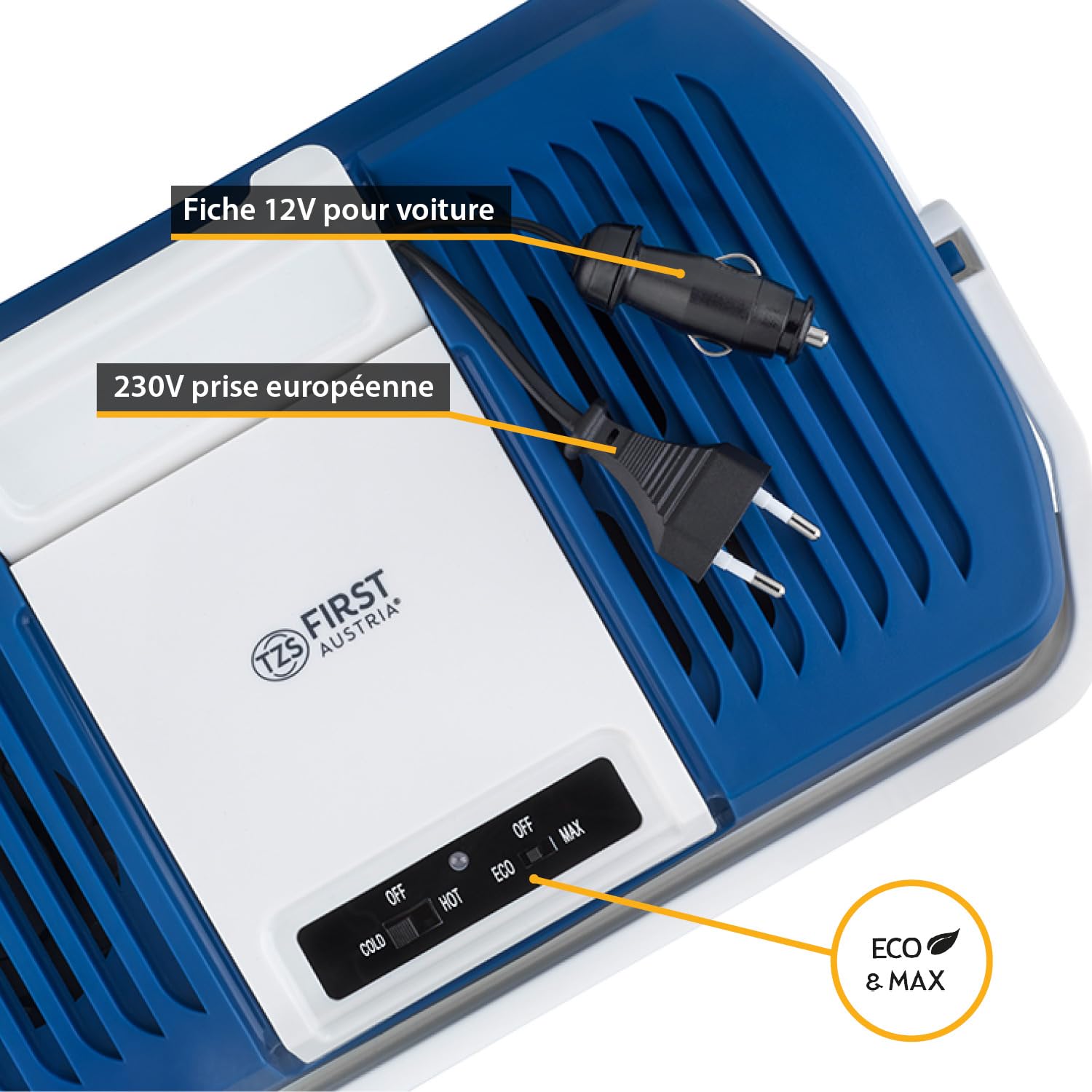 TZS First Austria - Réfrigérateur portable 24L électrique 12V 230V prise voiture & standard - Box thermoélectrique refroidit & chauffe - Glacière avec poignée - Pour camping, festival, voyages - Bleu