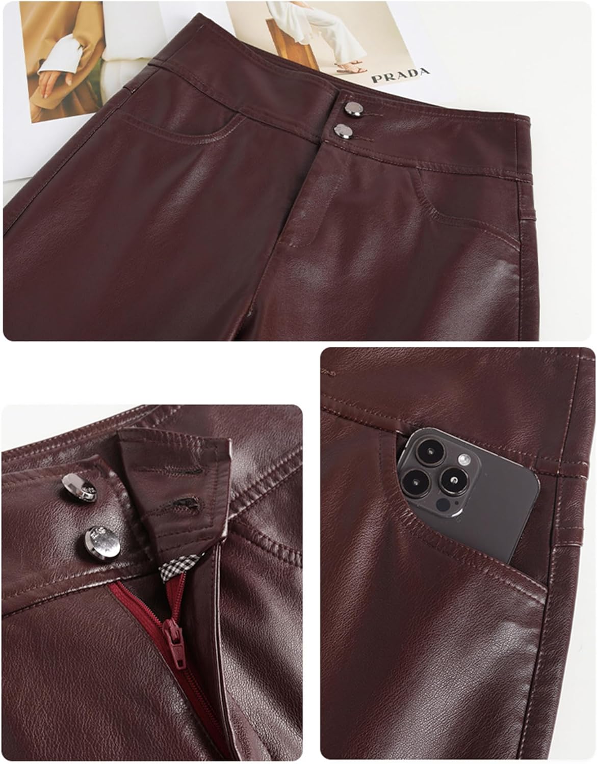 Lucrosun Trendy Faux Leather Pants High Waist Wide Leg PU Leather Palazzo Trousers - Image 6