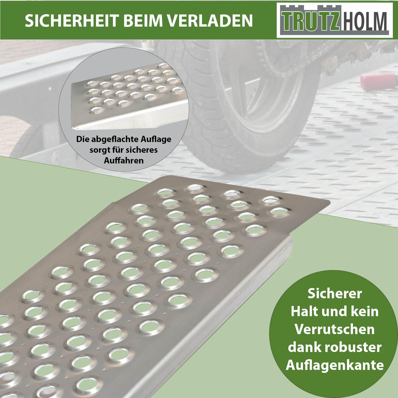 TRUTZHOLM Auffahrrampe Aluminium Länge 200 cm Auffahrbreite 22 cm Tragkraft 200 kg gelochte Lauffläche Rampe starr für Fahhrad E-Bike Motorradrampe für leichte Motorräder Mopeds Mofas Verladerampe