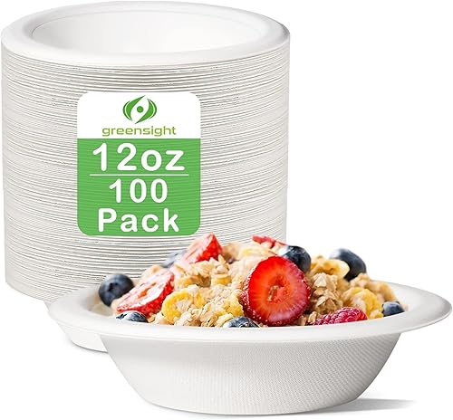 greensight Cuencos de papel resistentes de 12 onzas, paquete de 100 cuencos desechables para sopa caliente, cuencos compostables biodegradables