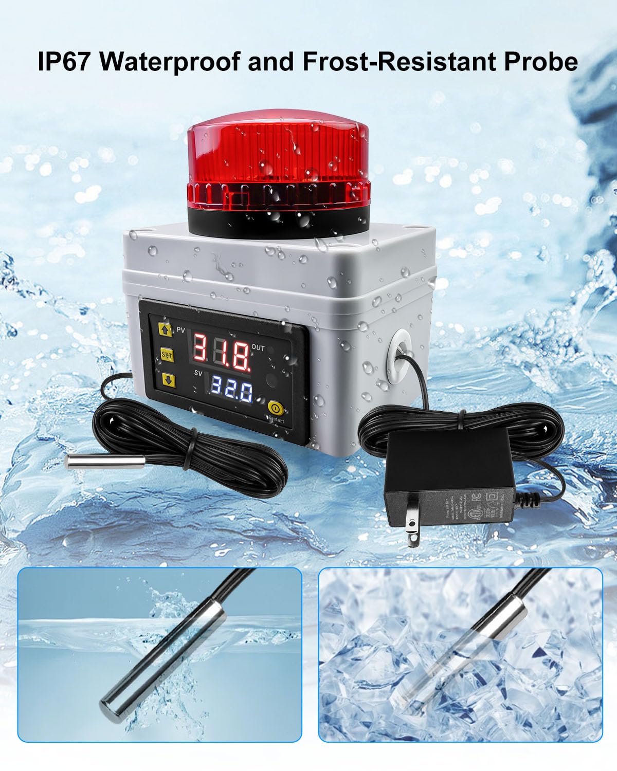 12V 120DB Loud Freezer Alarm with LED Flash, Remote Control High Low Temperature Monitor with 5M IP67 Waterproof Probe, -50℃-110℃ Refrigerator Temperature Thermometer for Cold Chain Factory