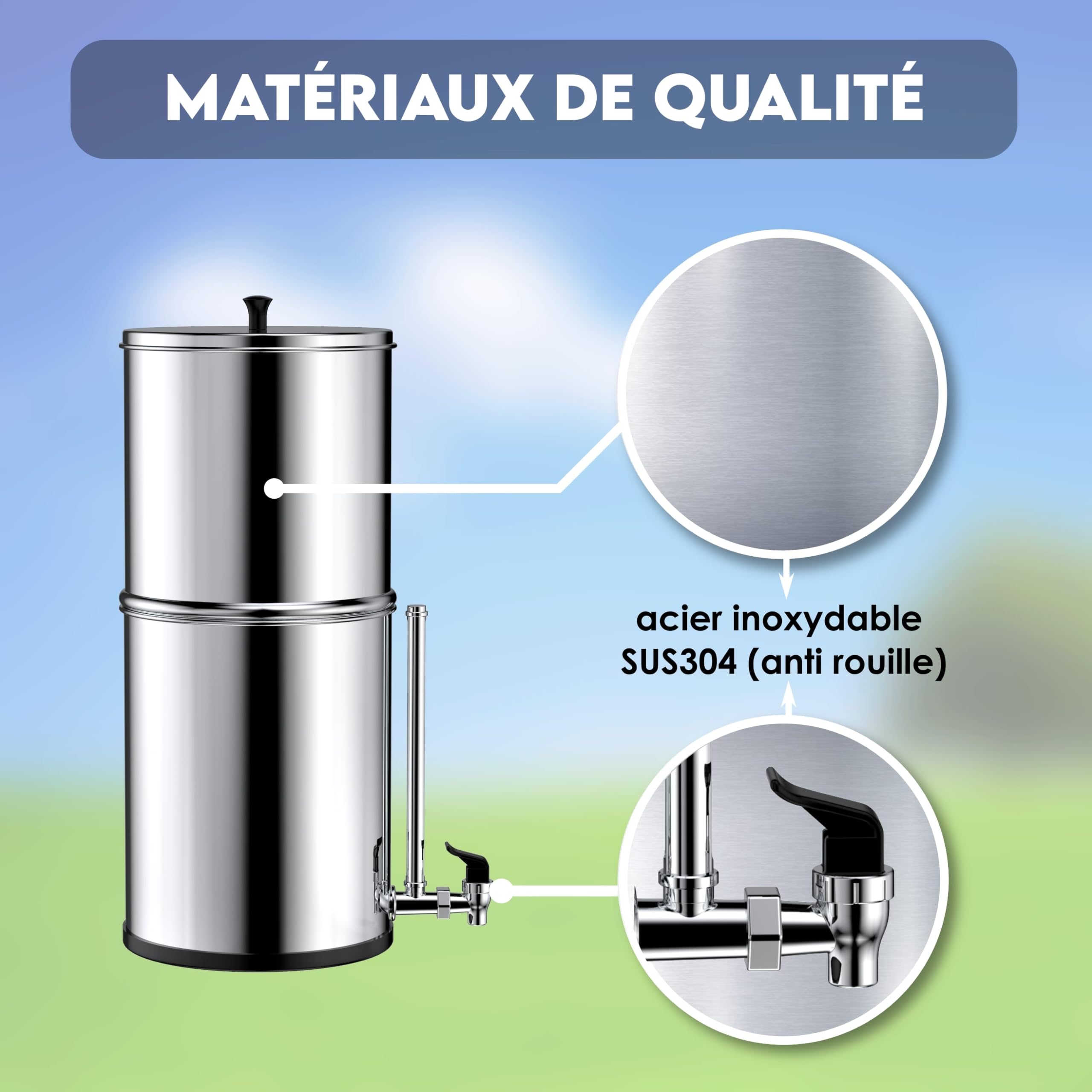 BAYTIZ ® Purificateur d'Eau à Gravité 8.5 Litres - Filtre à eau Robinet & Pluie au Charbon Actif compatible Berkey - Fontaine à Eau Filtrante Camping & Survie Distributeur Filtres Cuve British Water