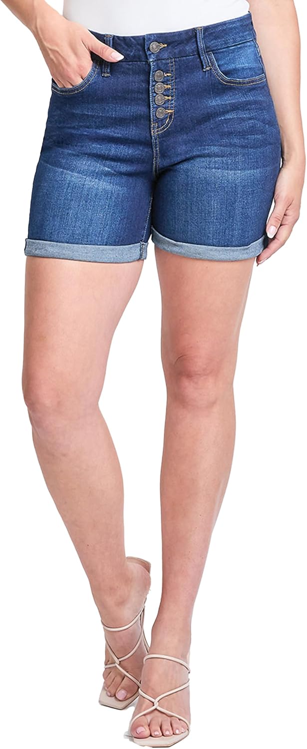 Women's Curvy Fit Exposed Button Cuffed Shorts, Medium Blue, 10