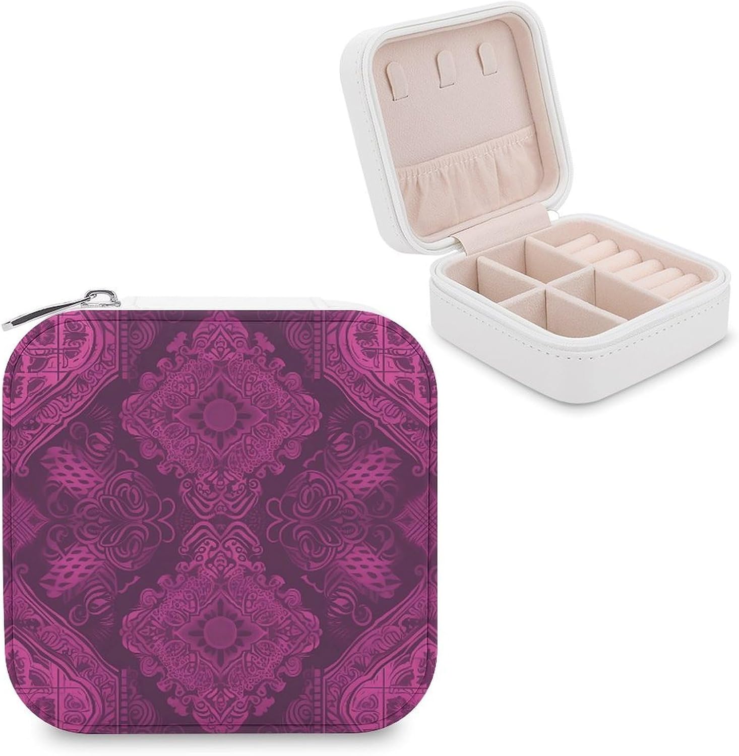 Light Magenta And Violet Travel Jewelry Case Zipper Portable Small Jewelry Box Custom Pu Leather Mini Traveling Jewelry Organizer for Rings Earrings Necklace Bracelet Girls Women