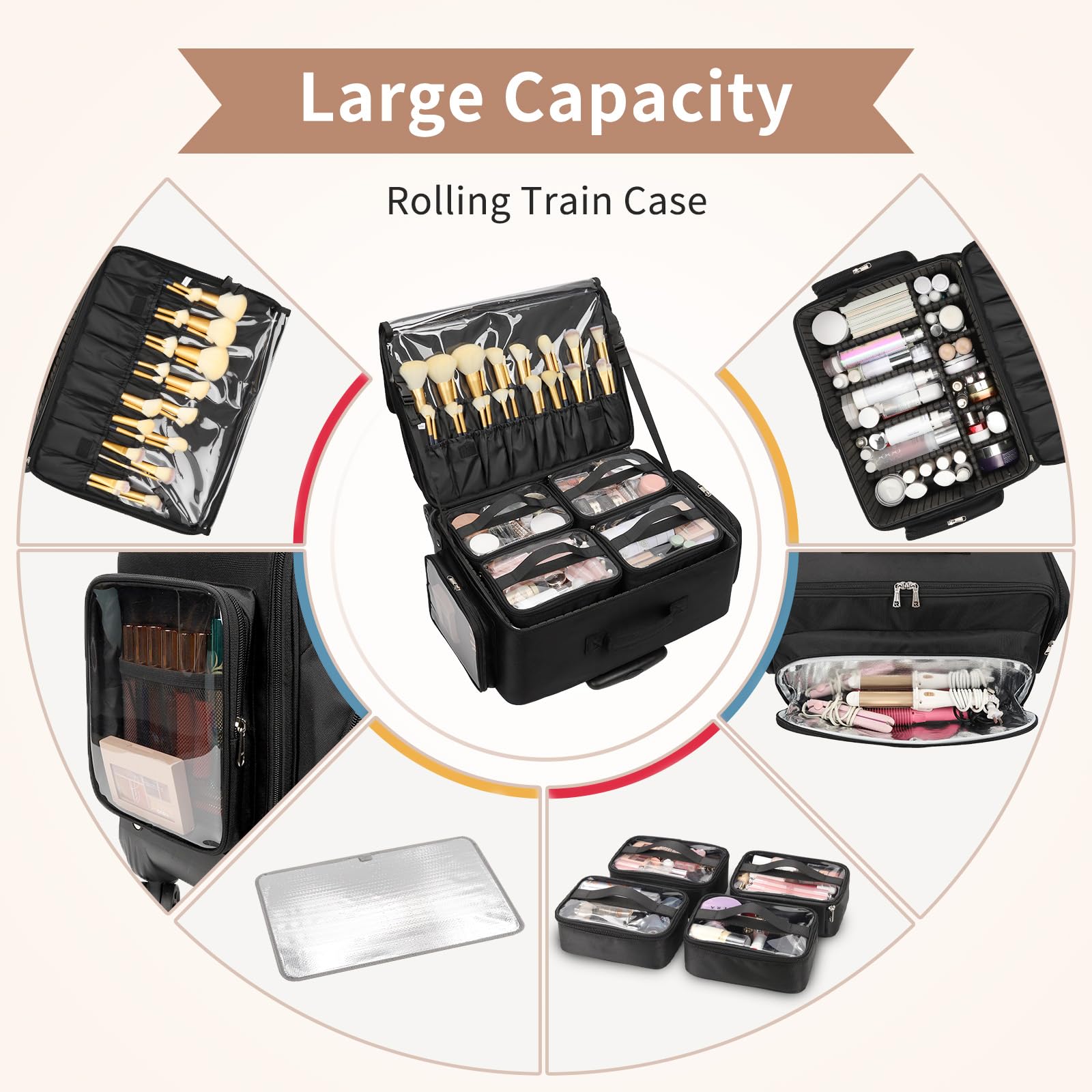 Grande valigetta cosmetica trolley, professionale beauty case con 4 piccole borse cosmetiche, valigetta da viaggio per cosmetici, organizer portatile da parrucchiere, Nero , Viaggio