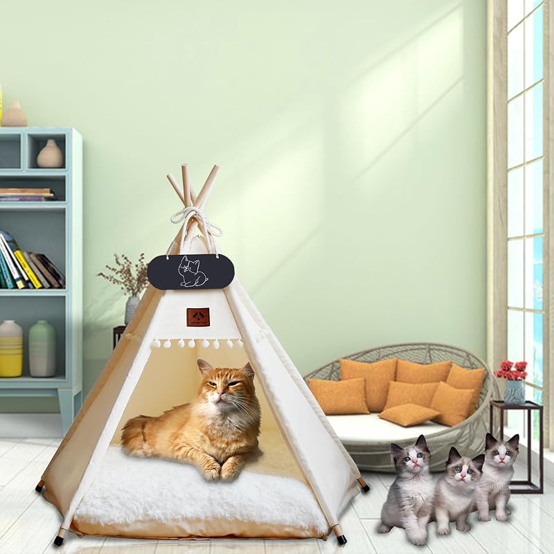 Cort pentru câini și pisici Mooipet Teepee cu pernă față-verso, culcuș detașabil și lavabil, căsuță pentru animale cu tablă de scris