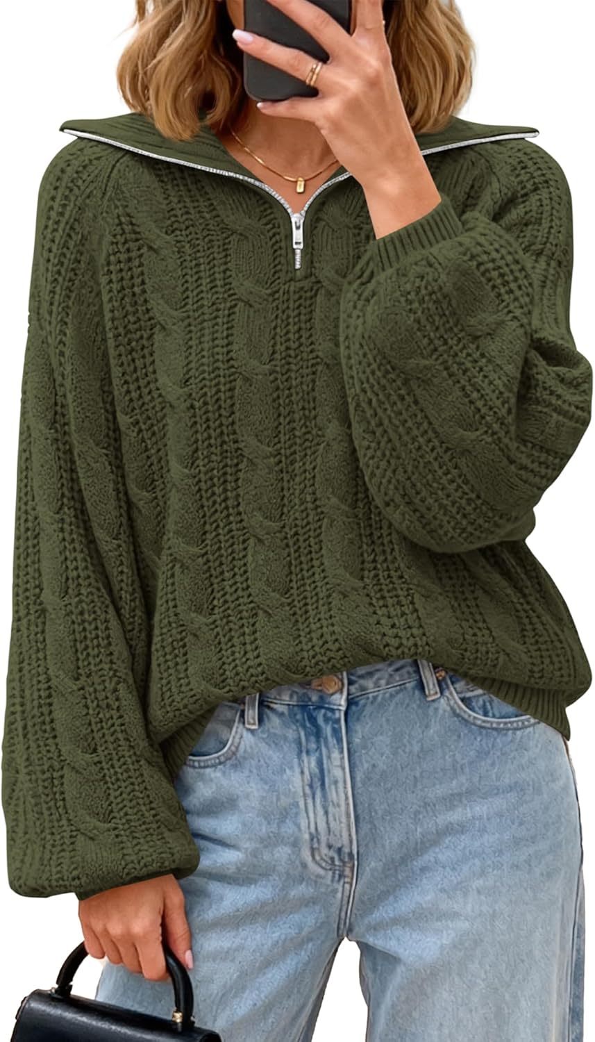 BTFBM Sweaters for Women Fall Fashion 2025 Loose Quarter Zip Pullover Collared Long Sleeve Cable Knit Winter Clothes